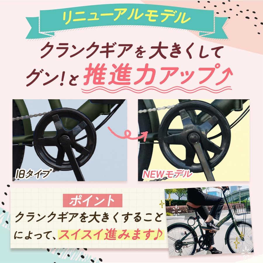 通勤・通学向け 20インチ折りたたみ自転車 シマノ6段ギア カゴ・ライト・ロック付 15色選択可