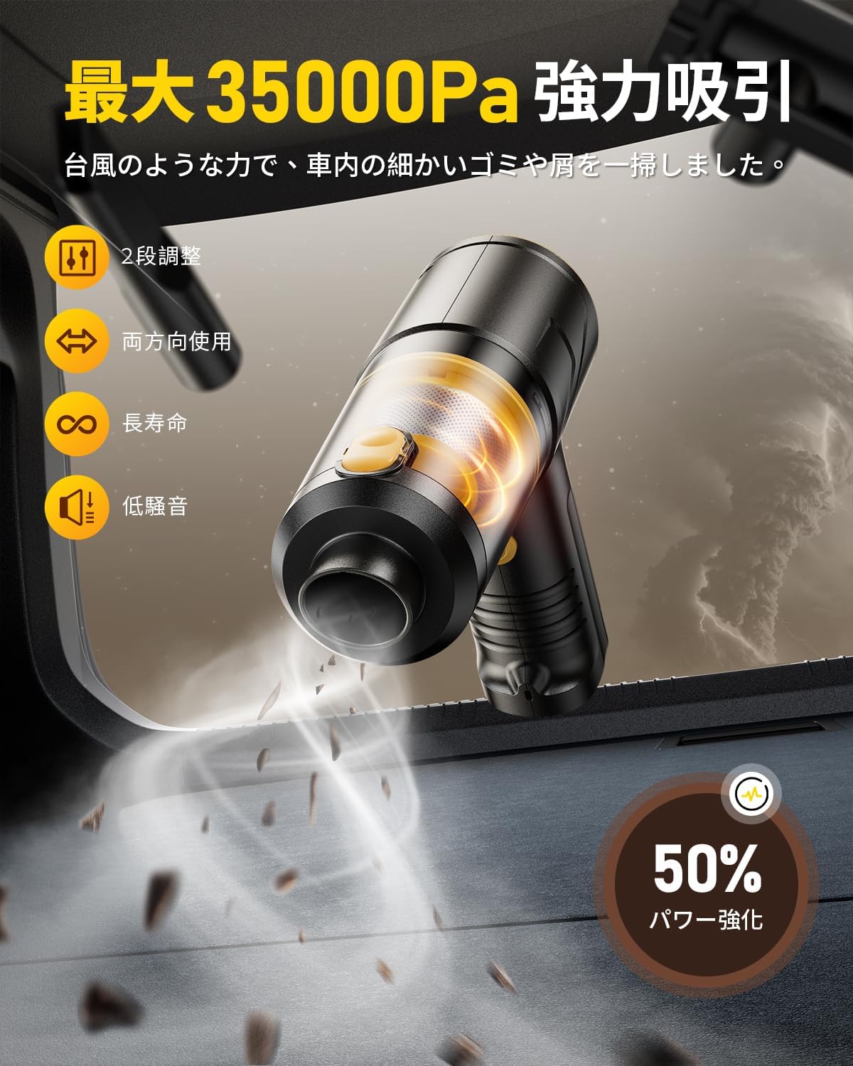 ハンディタイプ 車用コードレス掃除機 35000Pa 吸引力強化 LEDライト付き