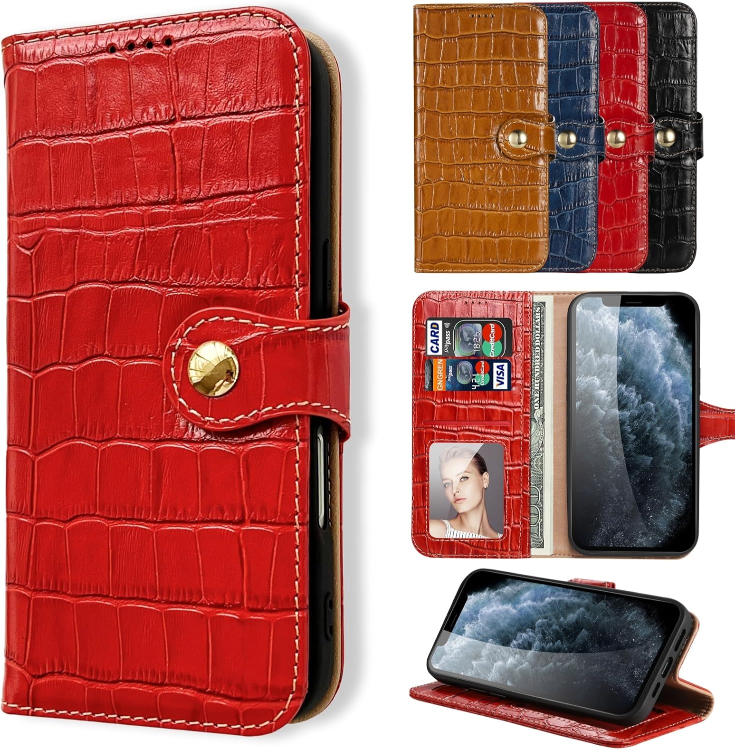 iPhone 14用 クロコダイルレザー手帳型ケース(本革・Qi対応)【ギフト箱付き】