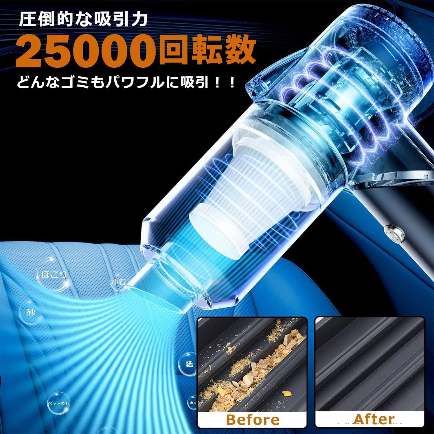 2025年新機能搭載 車用コードレスハンディクリーナー 25000Pa強力吸引