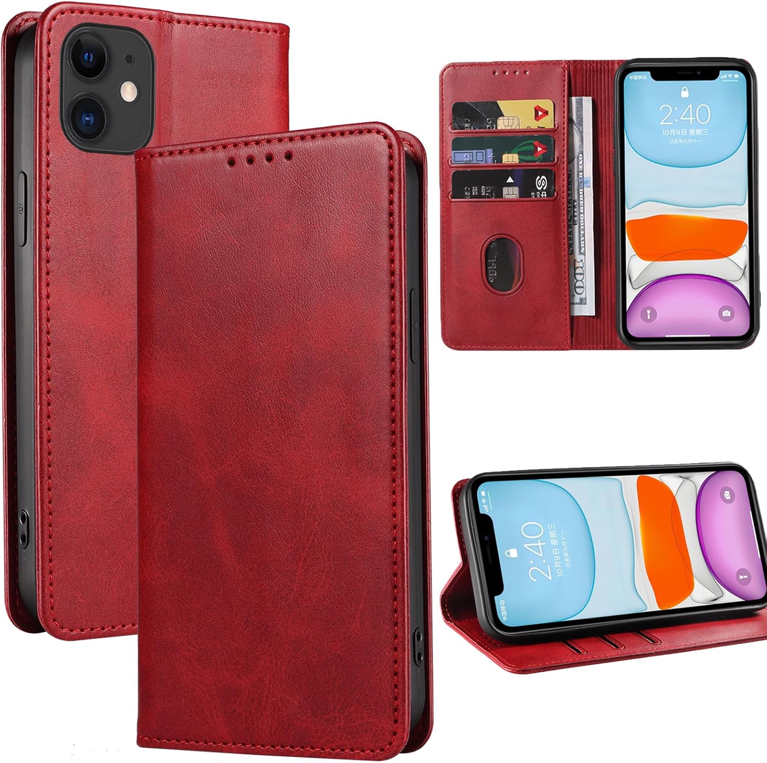 iPhone 11用 手帳型レザーケース ブライトレッド マグネット式 スタンド機能 カード収納 6.1インチ対応