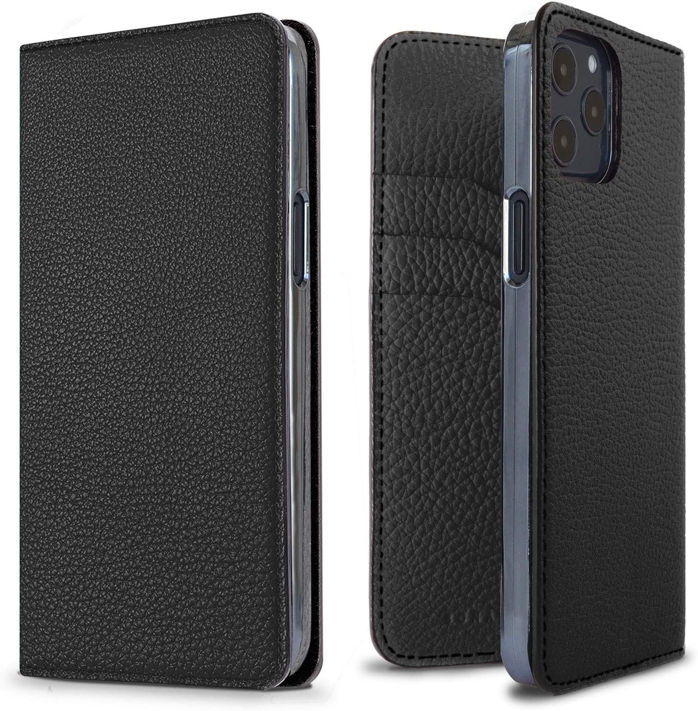 iPhone12/12 Pro用シュリンクレザーダイアリーケース[ブラック] - 本革・高級スマホケース