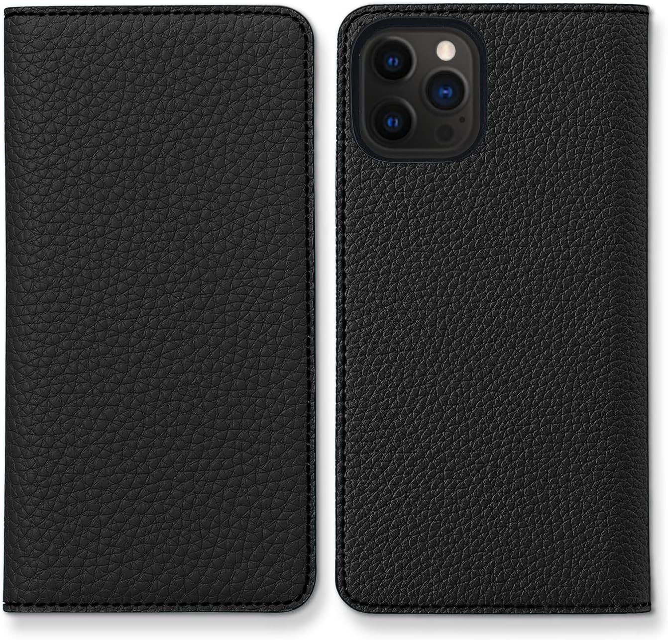 iPhone12/12 Pro用シュリンクレザーダイアリーケース[ブラック] - 本革・高級スマホケース