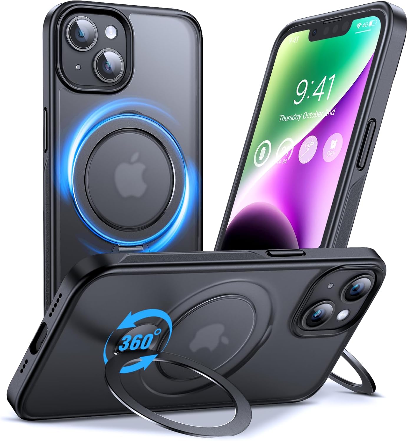 iPhone 14/13用マグネット内蔵耐衝撃カバー|360°回転スタンド付き|半透明マット ブラック
