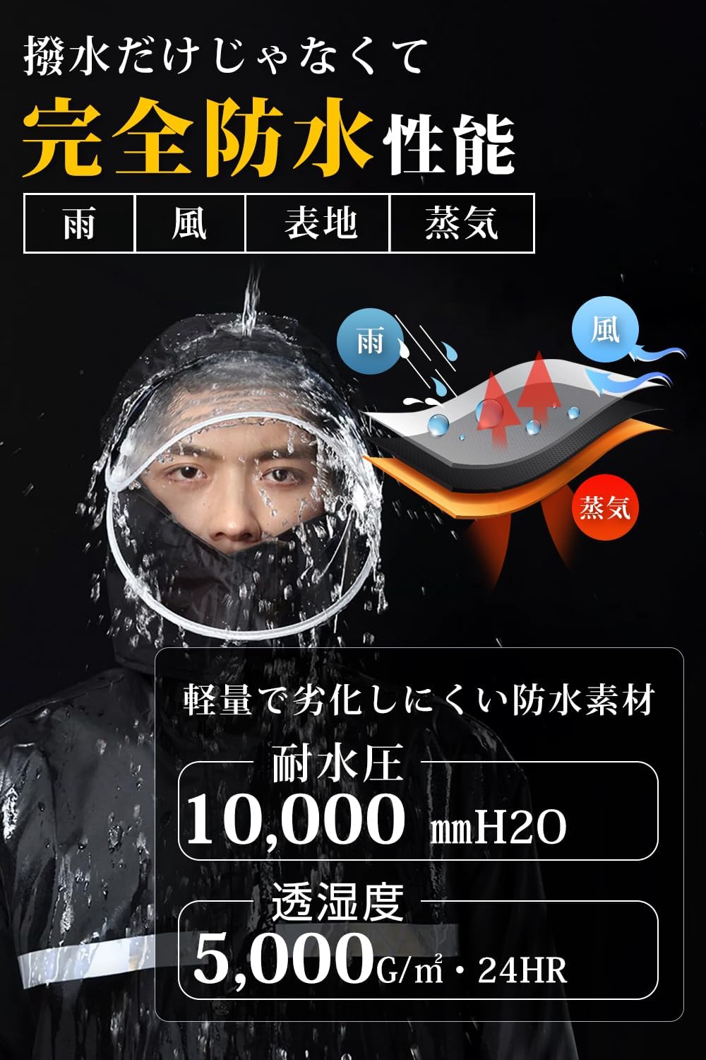 メンズ梅雨対策超防水レインウェア上下セット（通気メッシュ・収納袋付）