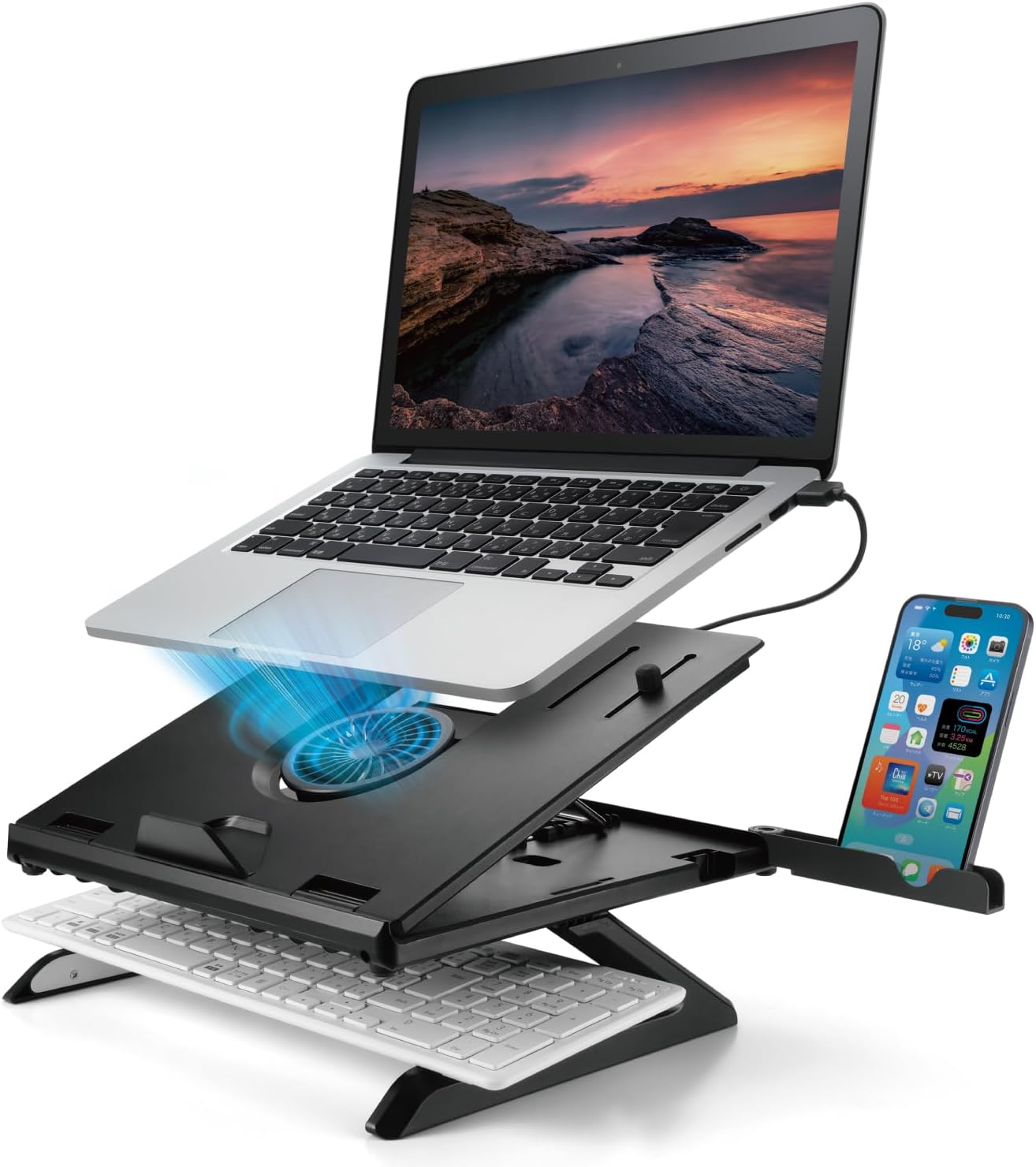 折りたたみ式ノートPCスタンド(冷却ファン付き、スマホスタンド付、8段階調整、~15.6インチ対応、ブラック)