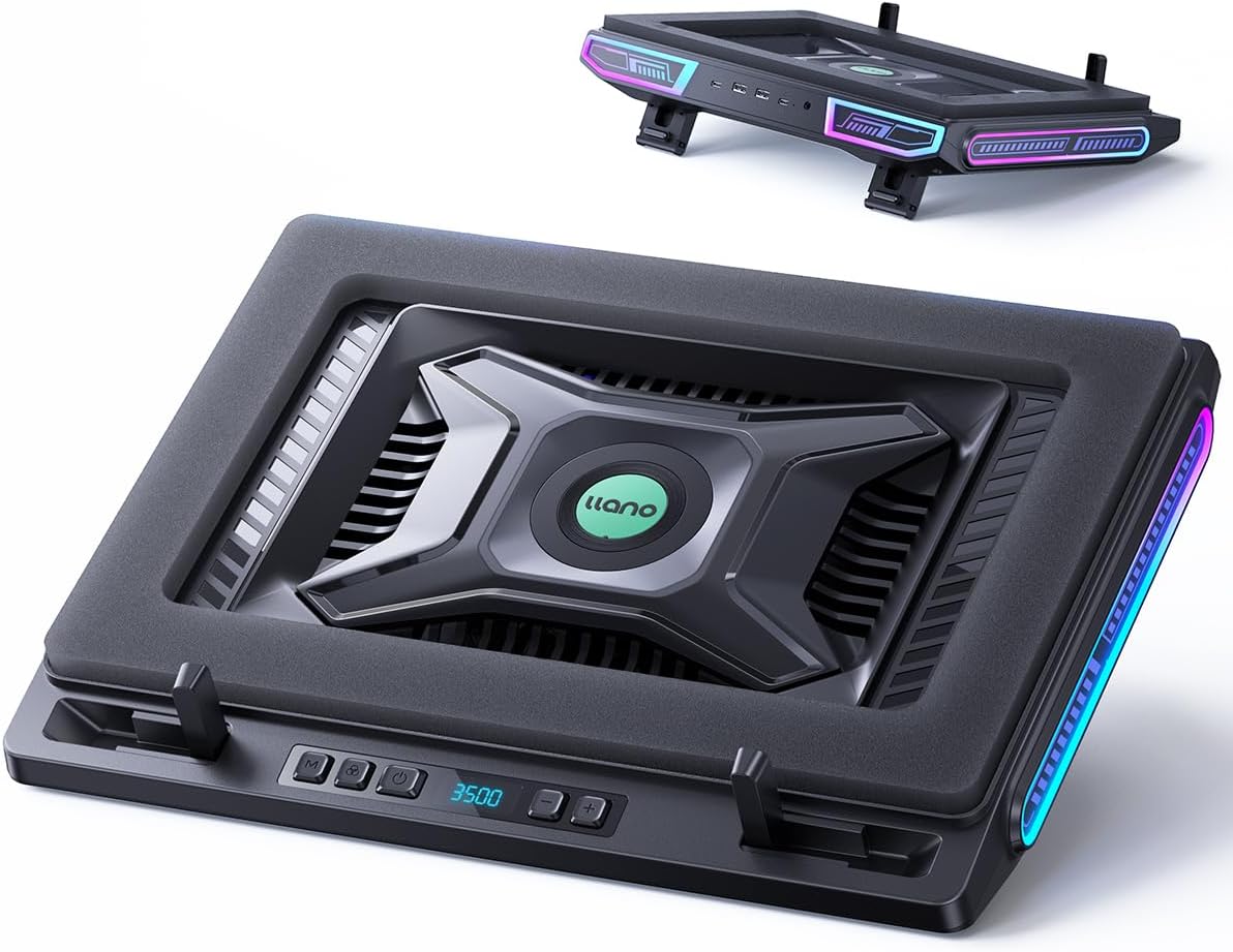 強力ファン搭載ノートパソコン冷却スタンド(ターボブースト・RGBライト・USBハブ)【急速冷却・高さ調節可能】13-17.3インチ対応