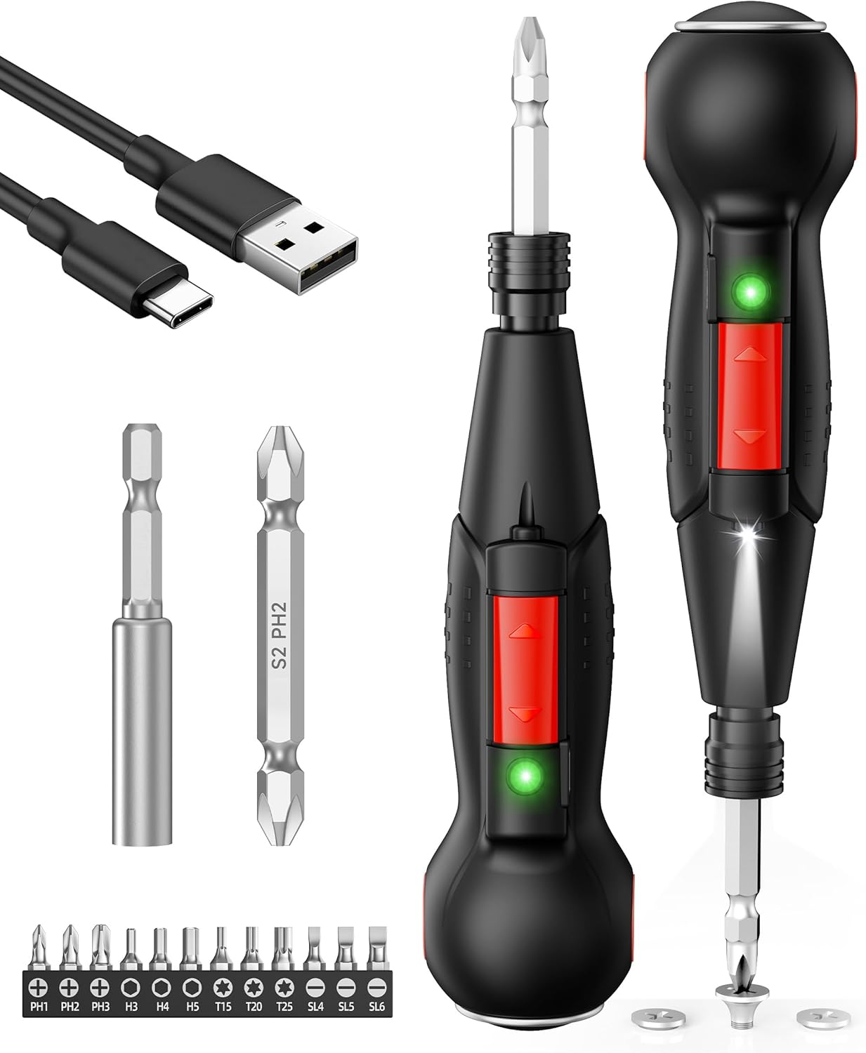 父の日ギフト 電動ドライバー 小型 LED内蔵 Type-C充電式 合金ビット14本付 滑り止め人間工学グリップ 家庭用 DIY初心者向け