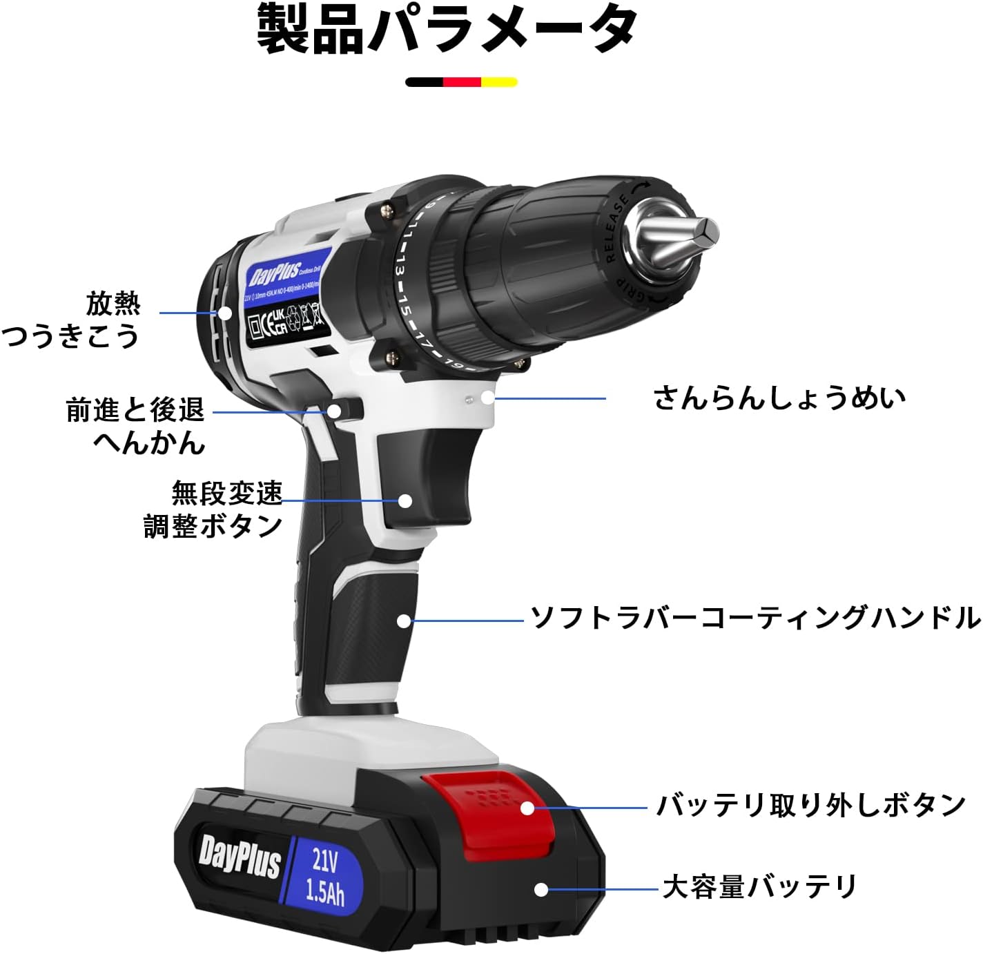 充電式電動ドライバー 21V 45N・m トルク調節 使いやすい DIY用 LEDライト付き