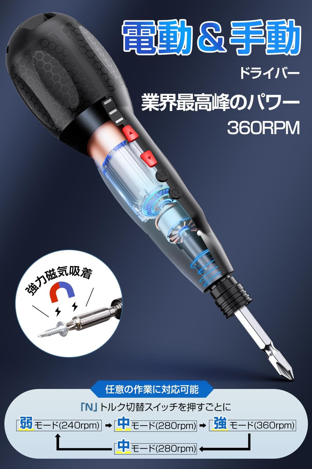 初心者向け コードレス電動ドライバーセット 磁石付き Type-C充電式 16点ビット・延長棒付き