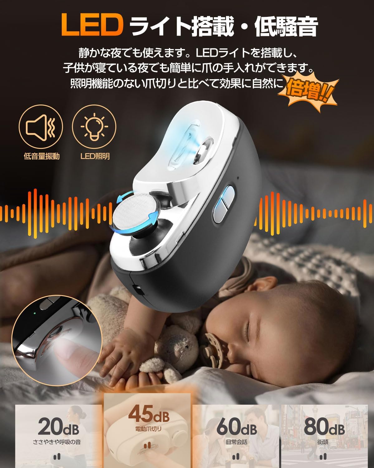 2in1電動爪切り・爪磨き（LEDライト付）安全スイッチ・Type-C充電式【赤ちゃん・子供・大人向け】