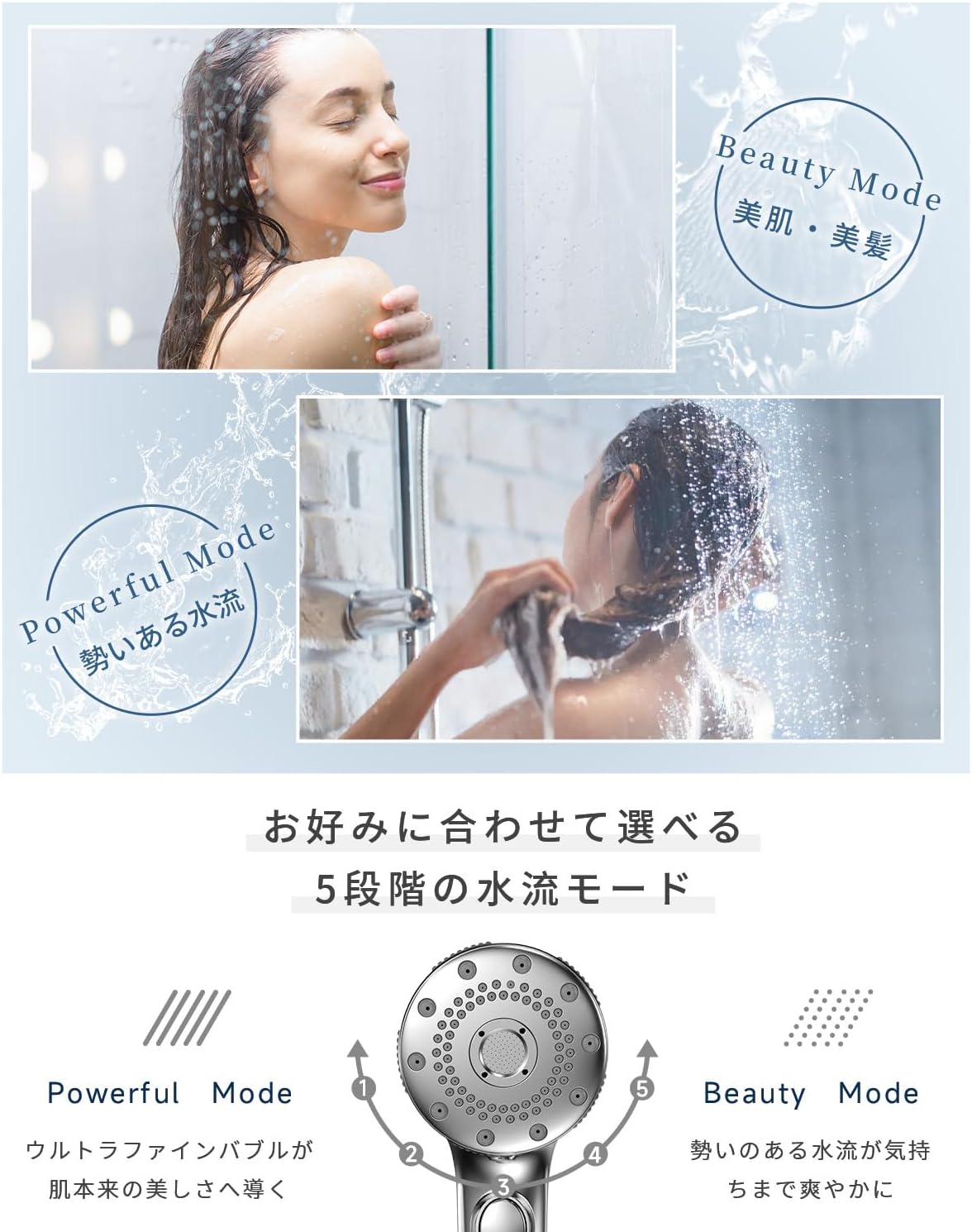 節水・高洗浄力シャワーヘッド「RUNCTY」マイクロナノバブル・5段階水流モード・国際基準G1/2