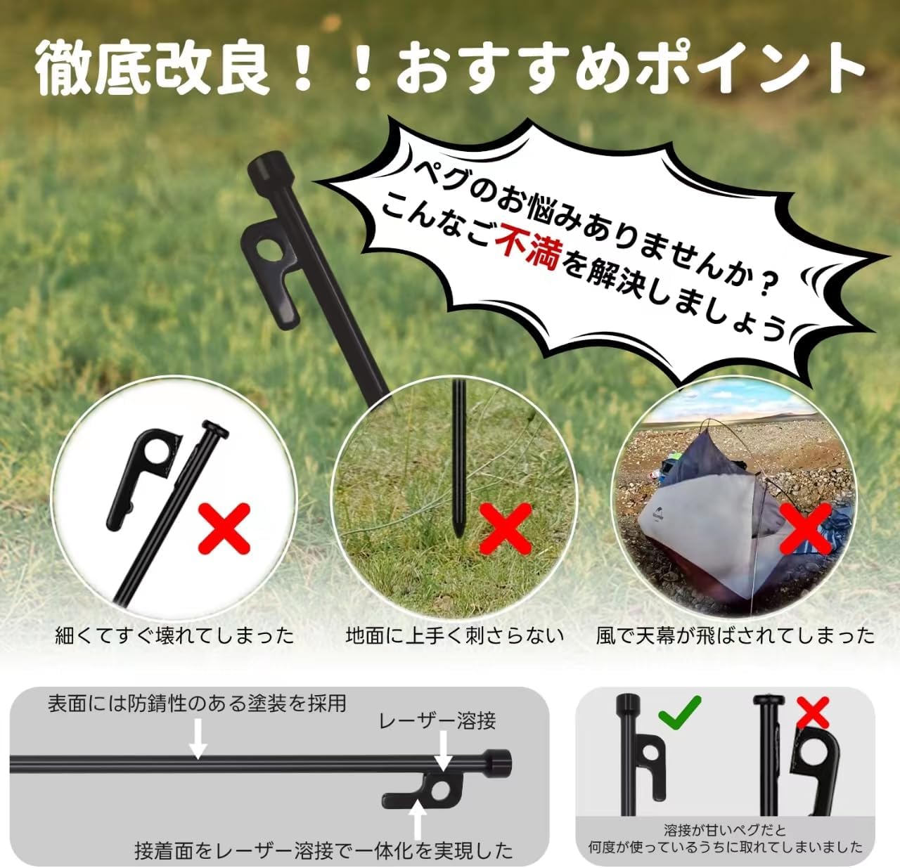 キャンプ用鍛造スチールペグ 30cm/25cm/20cm 8本/10本/12本/16本セット 収納袋・キャップ付き