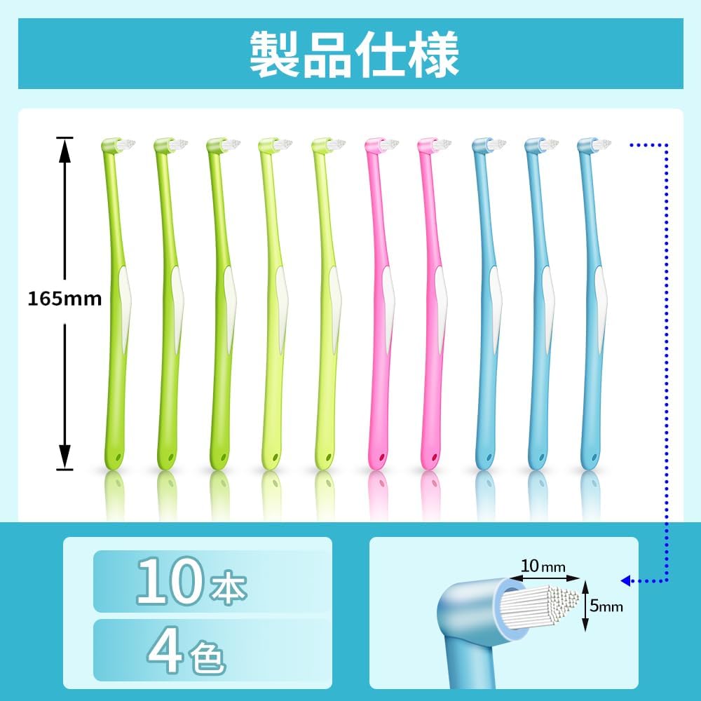 奥歯用ワンタフトブラシ10本セット（4色：ブルー・グリーン・イエロー・レッド、やわらかめ）