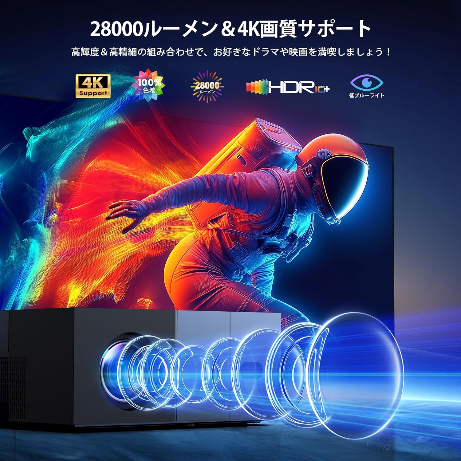 家庭用・ビジネス用プロジェクター YOWHICK 28000LM高輝度 WiFi6 4K対応 1080P 自動台形補正 50%ズーム機能 100インチスクリーン付 クリスマスギフト
