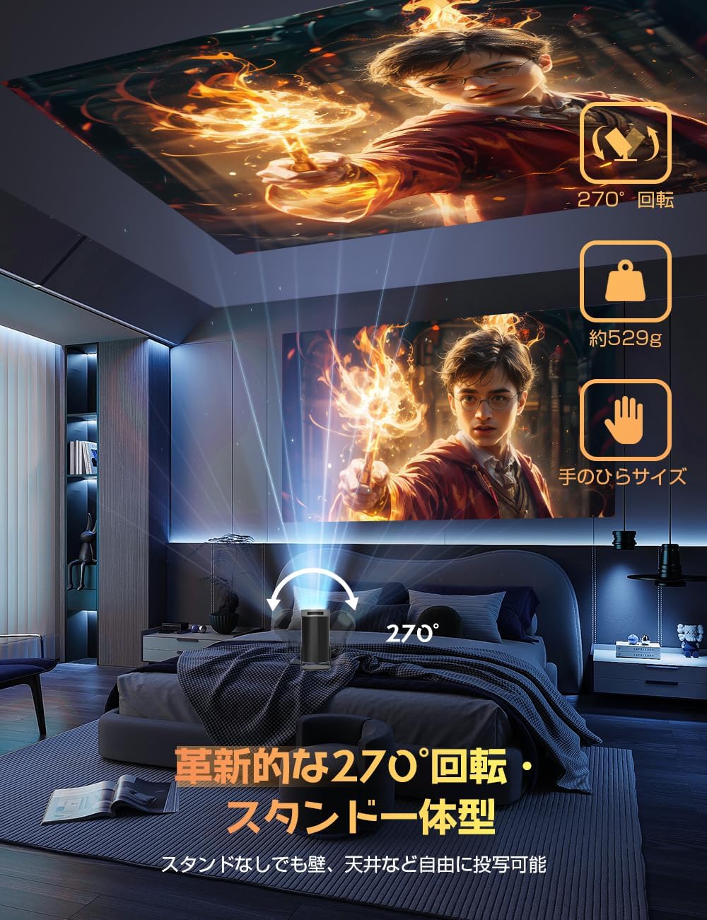 2025年新登場 小型4K対応プロジェクター (20000LM/270°回転) 家庭用 スマホ接続可 Bluetooth5.3 日本語取扱説明書付き