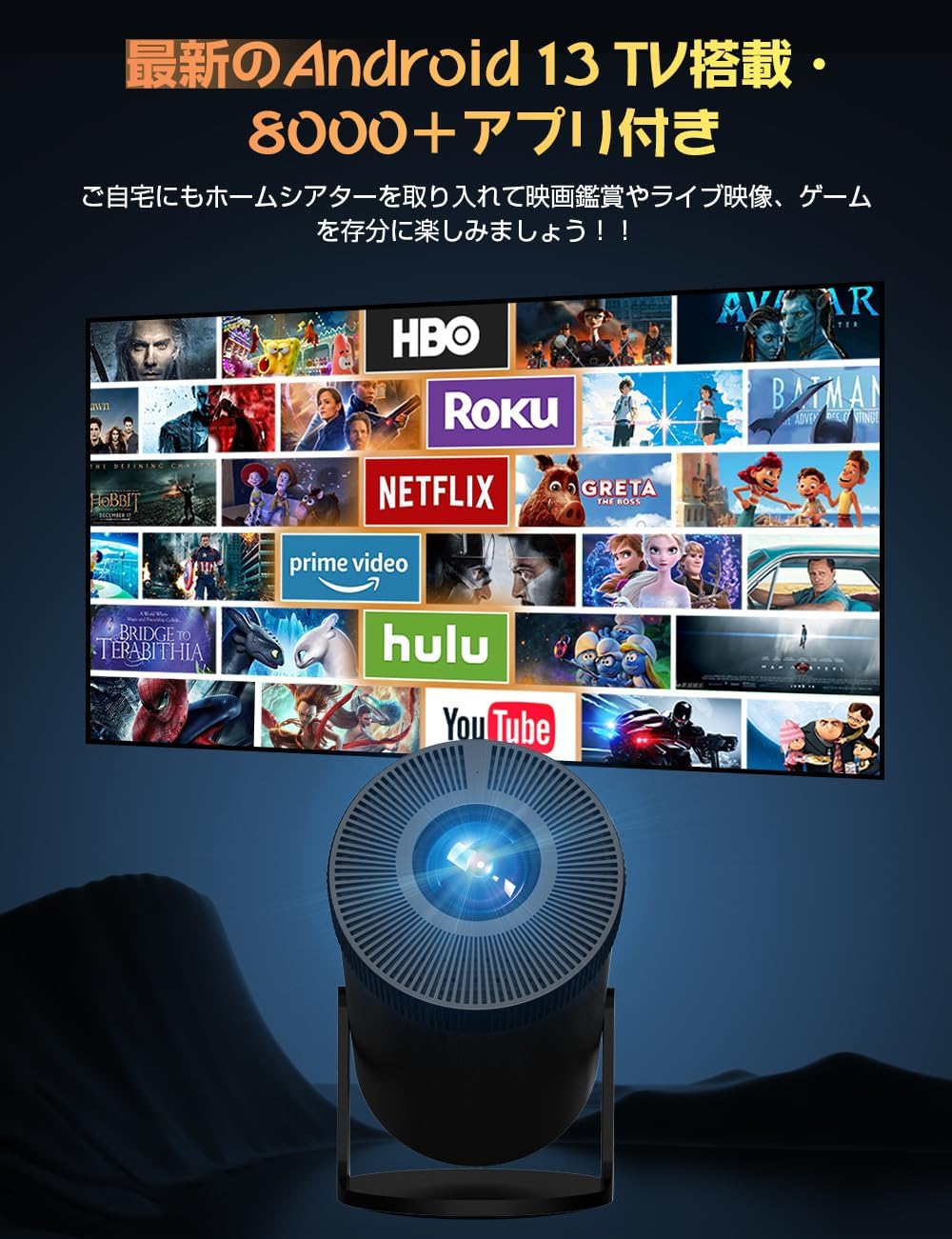 2025年新登場 小型4K対応プロジェクター (20000LM/270°回転) 家庭用 スマホ接続可 Bluetooth5.3 日本語取扱説明書付き