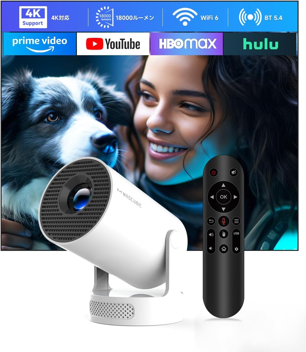 家庭用プロジェクター Magcubic 小型 1080P 18000ルーメン Bluetooth5.4 Wi-Fi6 自動台形補正 日本語取扱書 (白)