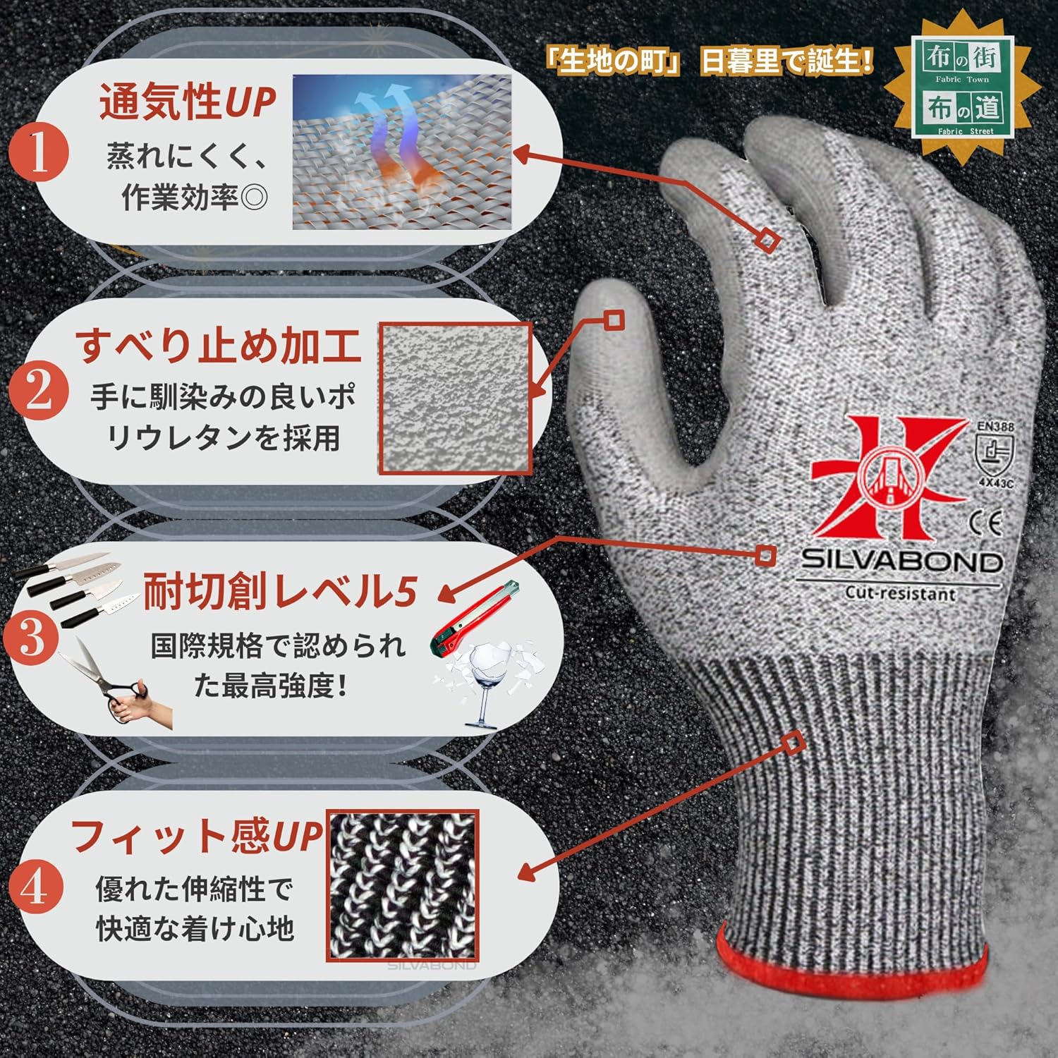 防刃手袋 レスキュー隊員推奨 耐切創レベル5 PUコーティング XLサイズ