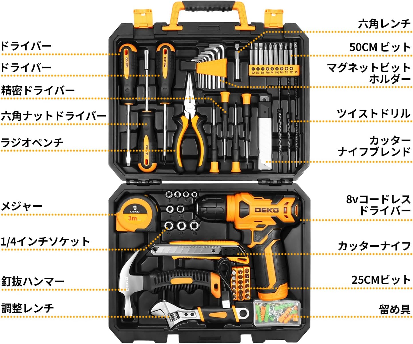 家庭用126点工具セット【8V電動ドリル・便利な収納ケース付き】