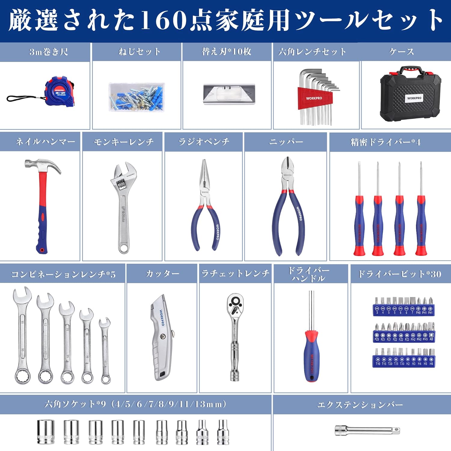 家庭用 160点 ホームツールセット 日曜大工 DIY作業用 便利な収納ケース付き