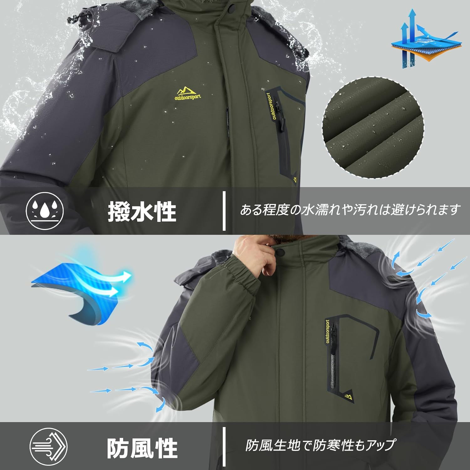 冬用 メンズ マウンテンパーカー 防寒 裏ボア 防風 防撥水 アウトドアジャケット