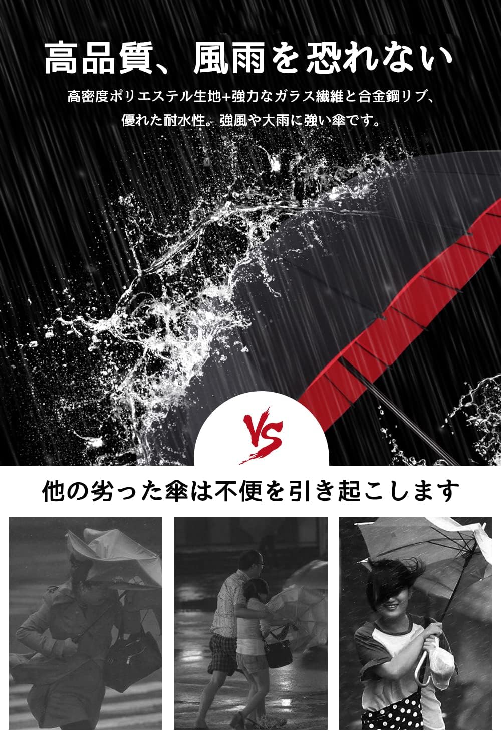 紳士用長傘 24本骨 超撥水 大型グラスファイバー製 86cm メンズ用