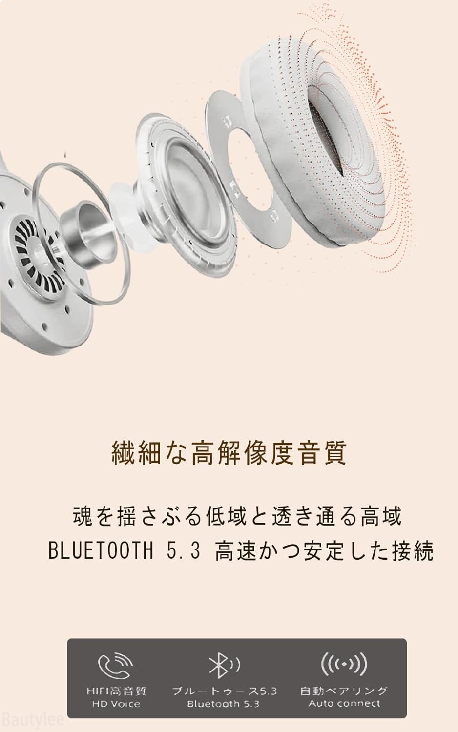Bautylee ワイヤレスBluetoothヘッドホン HiFi重低音/最大46時間再生/折り畳み式/内蔵マイク付き（ホワイトグレー）
