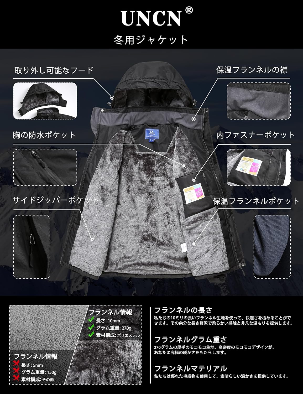 秋冬用 撥水加工 アウトドア アノラックジャケット ブラック