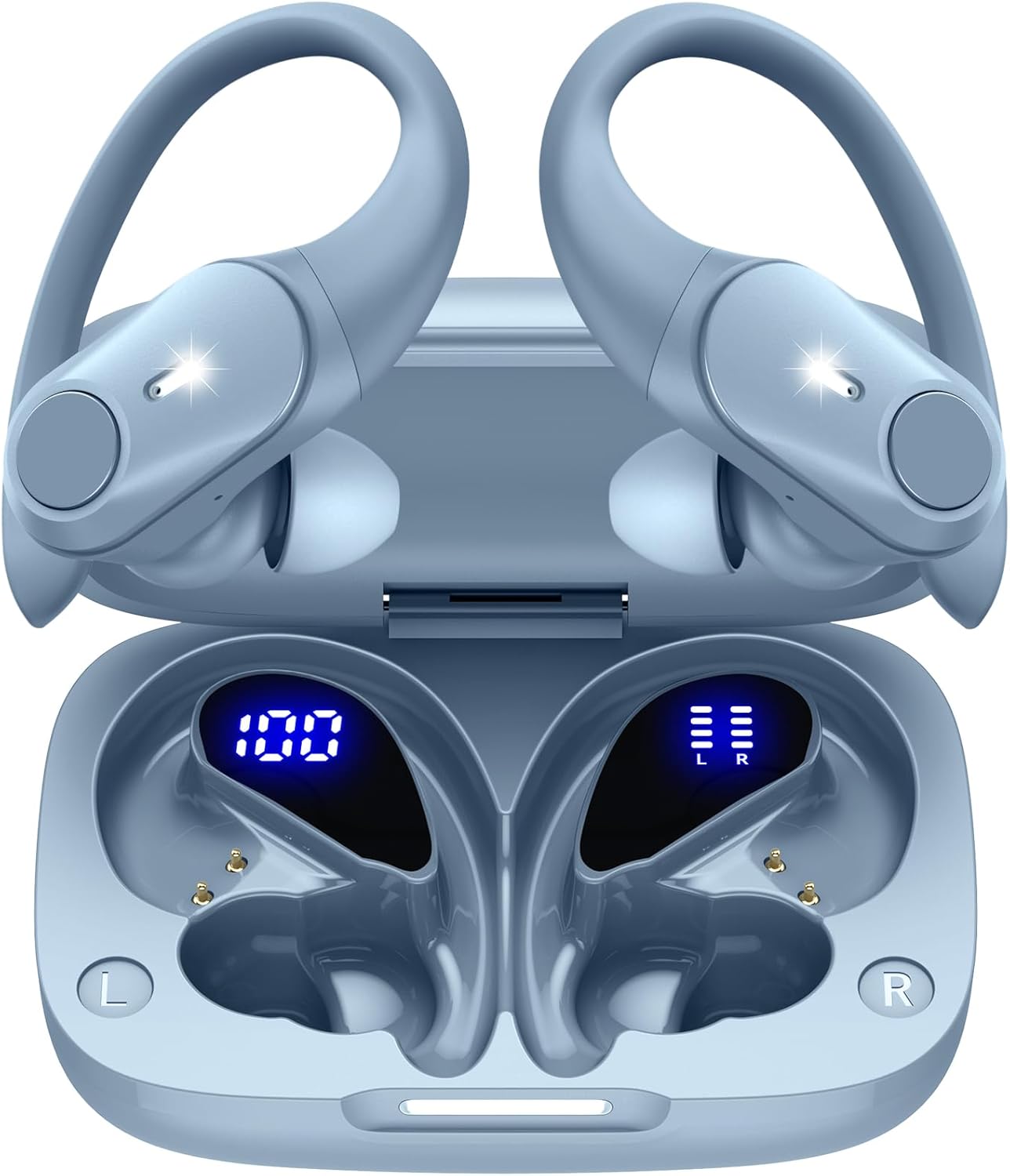 最大40時間再生 Bluetooth ワイヤレスイヤホン IPX7防水 スポーツタイプ(水色)