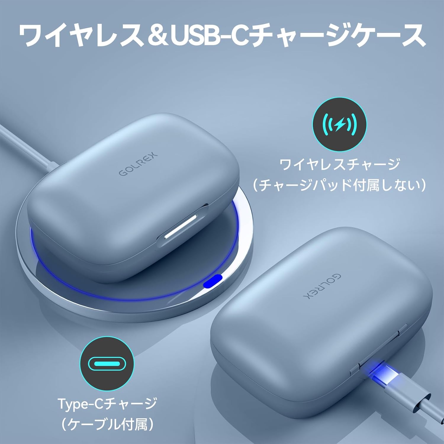 最大40時間再生 Bluetooth ワイヤレスイヤホン IPX7防水 スポーツタイプ(水色)