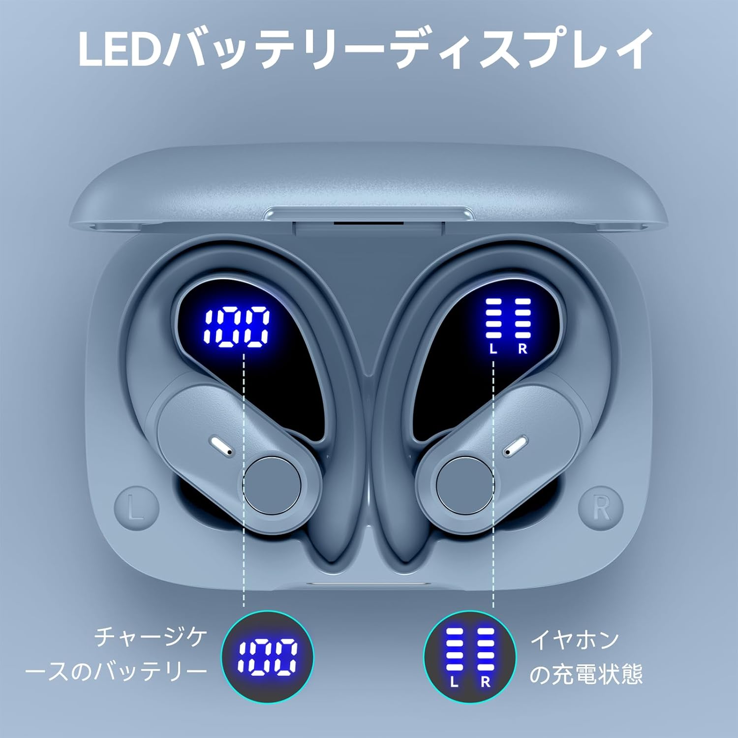 最大40時間再生 Bluetooth ワイヤレスイヤホン IPX7防水 スポーツタイプ(水色)