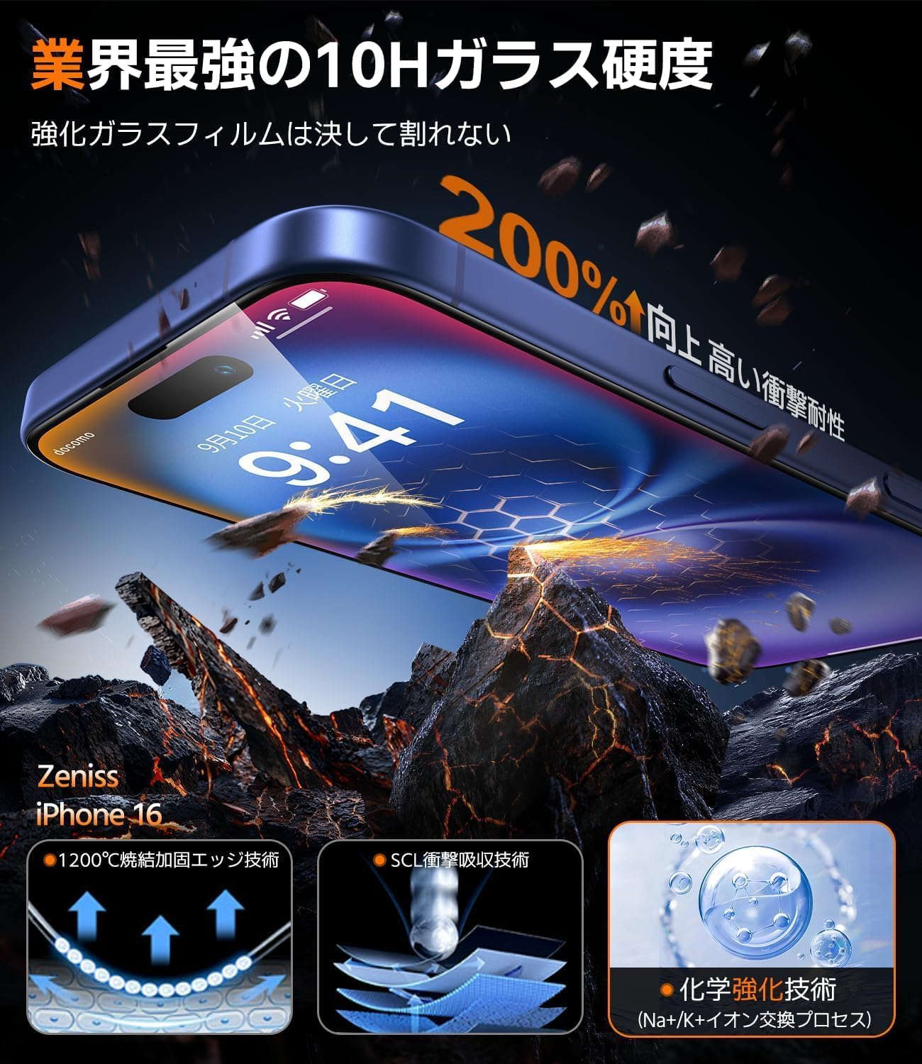 iPhone 16用 強化ガラスフィルム 2枚セット 耐衝撃・気泡レス・ブルーライトカット