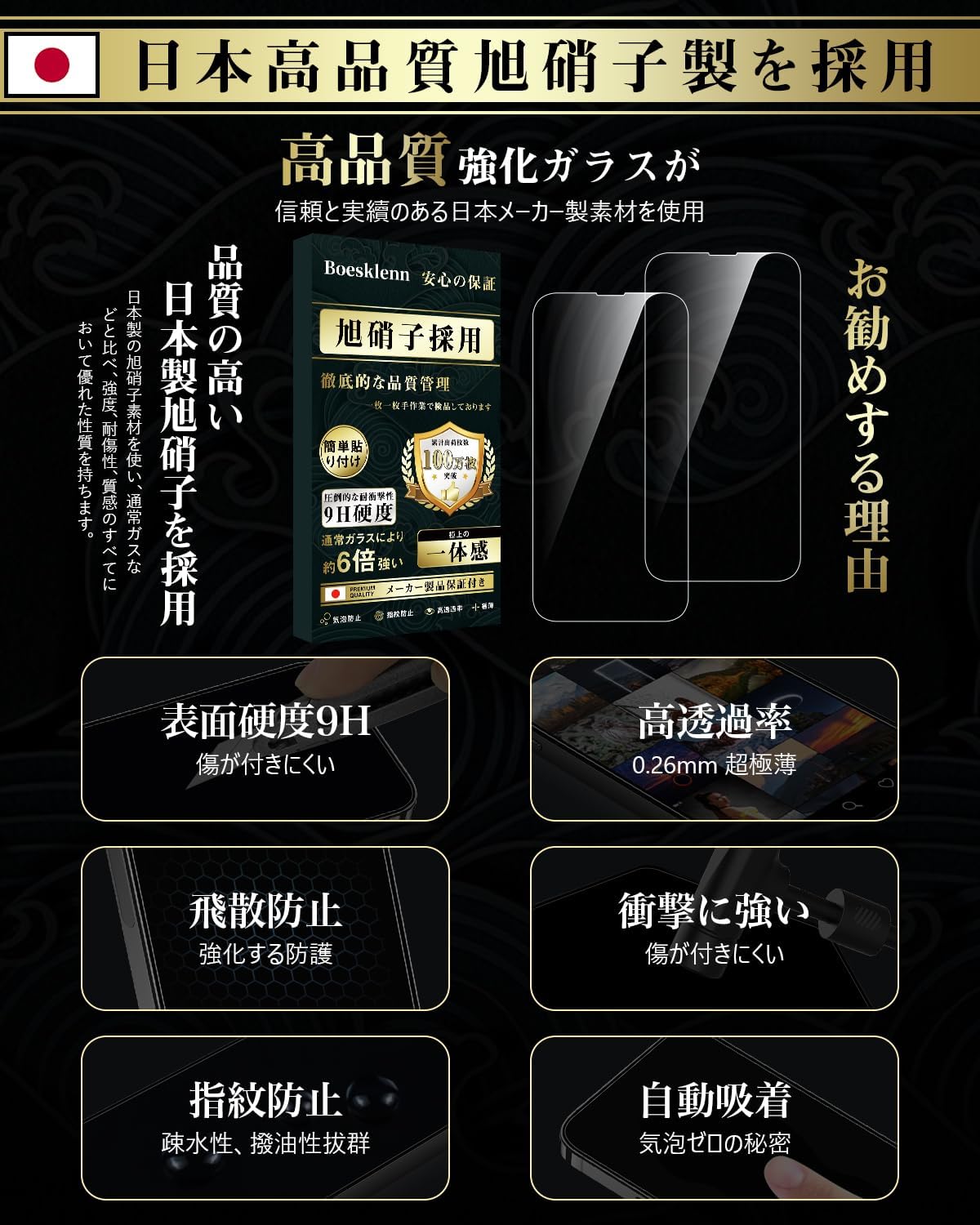 iPhone 16e用旭硝子製ガラスフィルム2枚セット【硬度9H・飛散防止・自動吸着】