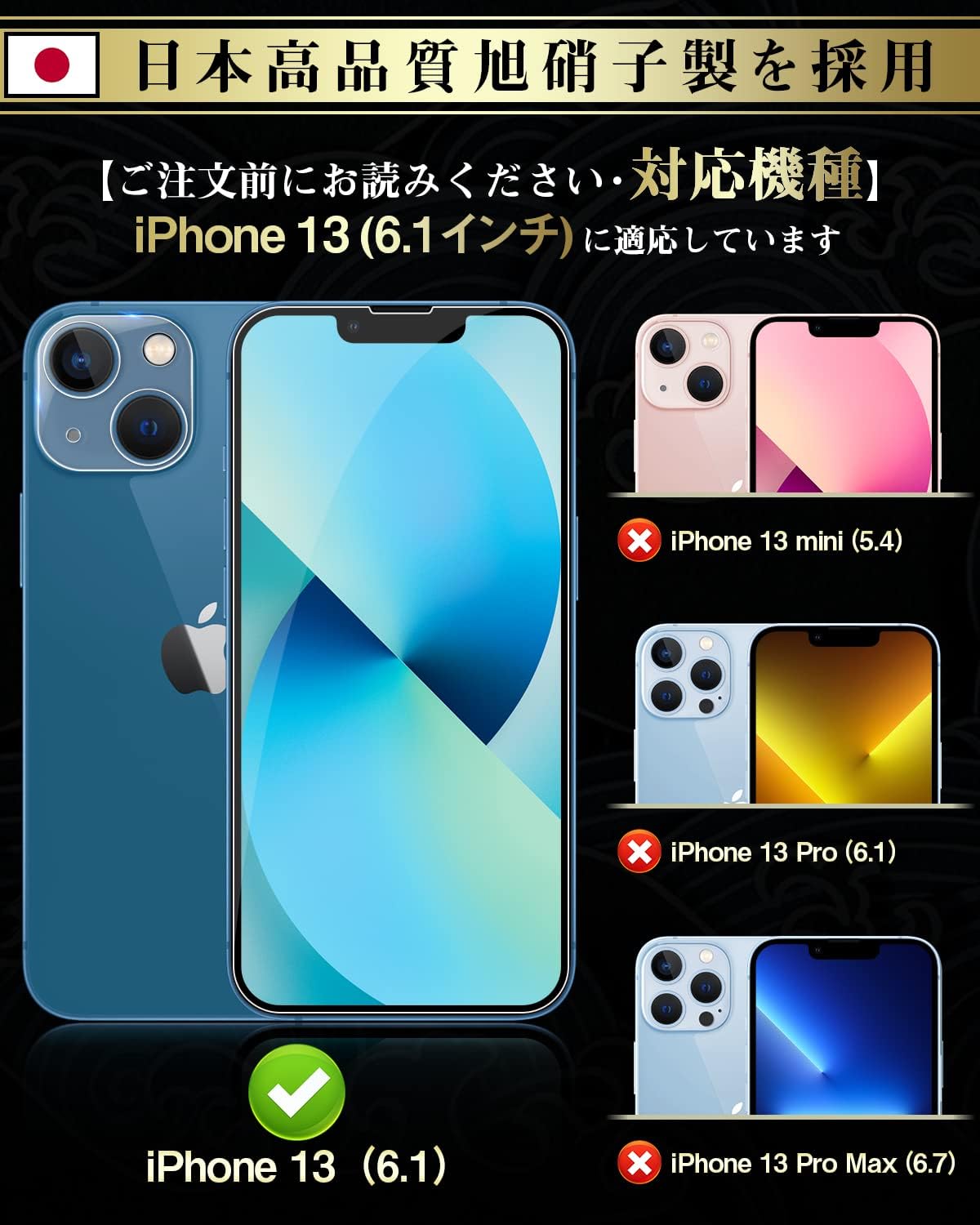 iPhone 13 ガラスフィルム（2枚）＋ カメラフィルム（2枚）セット 旭硝子製 99％高透過率 9H硬度 飛散防止