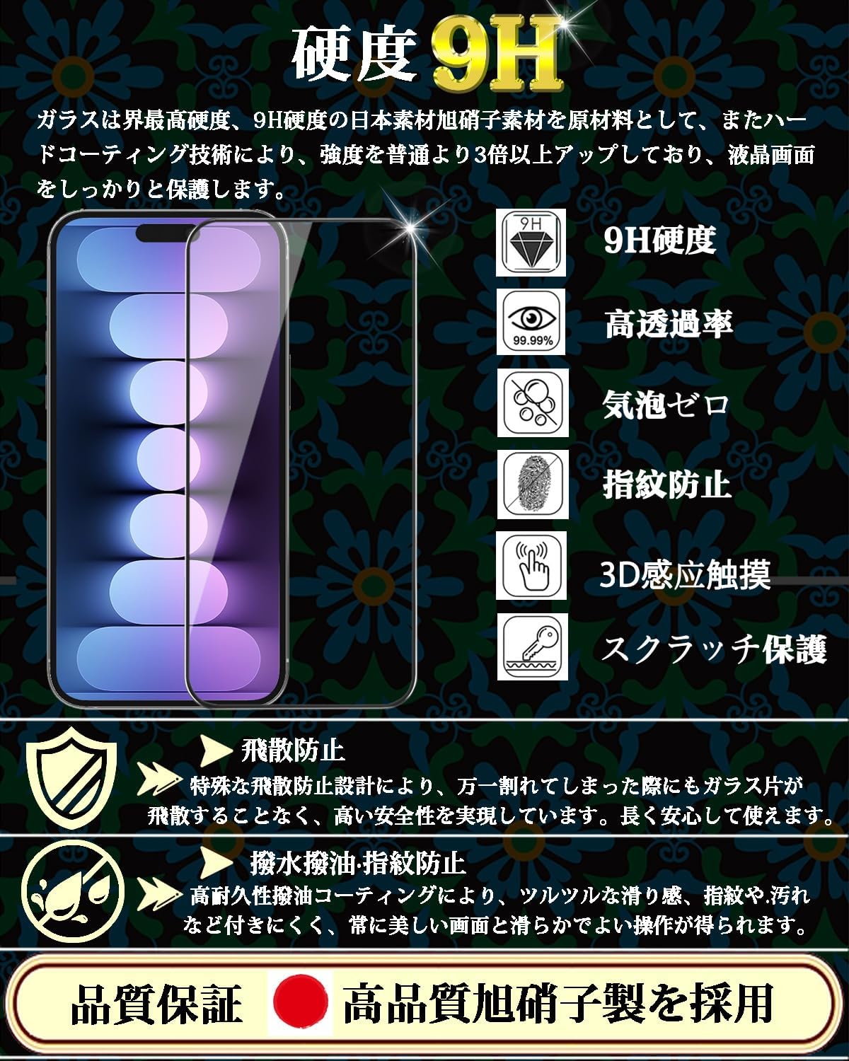 iPhone 15専用 強化ガラス液晶保護フィルム【2枚セット】9H硬度 自動吸着 気泡防止