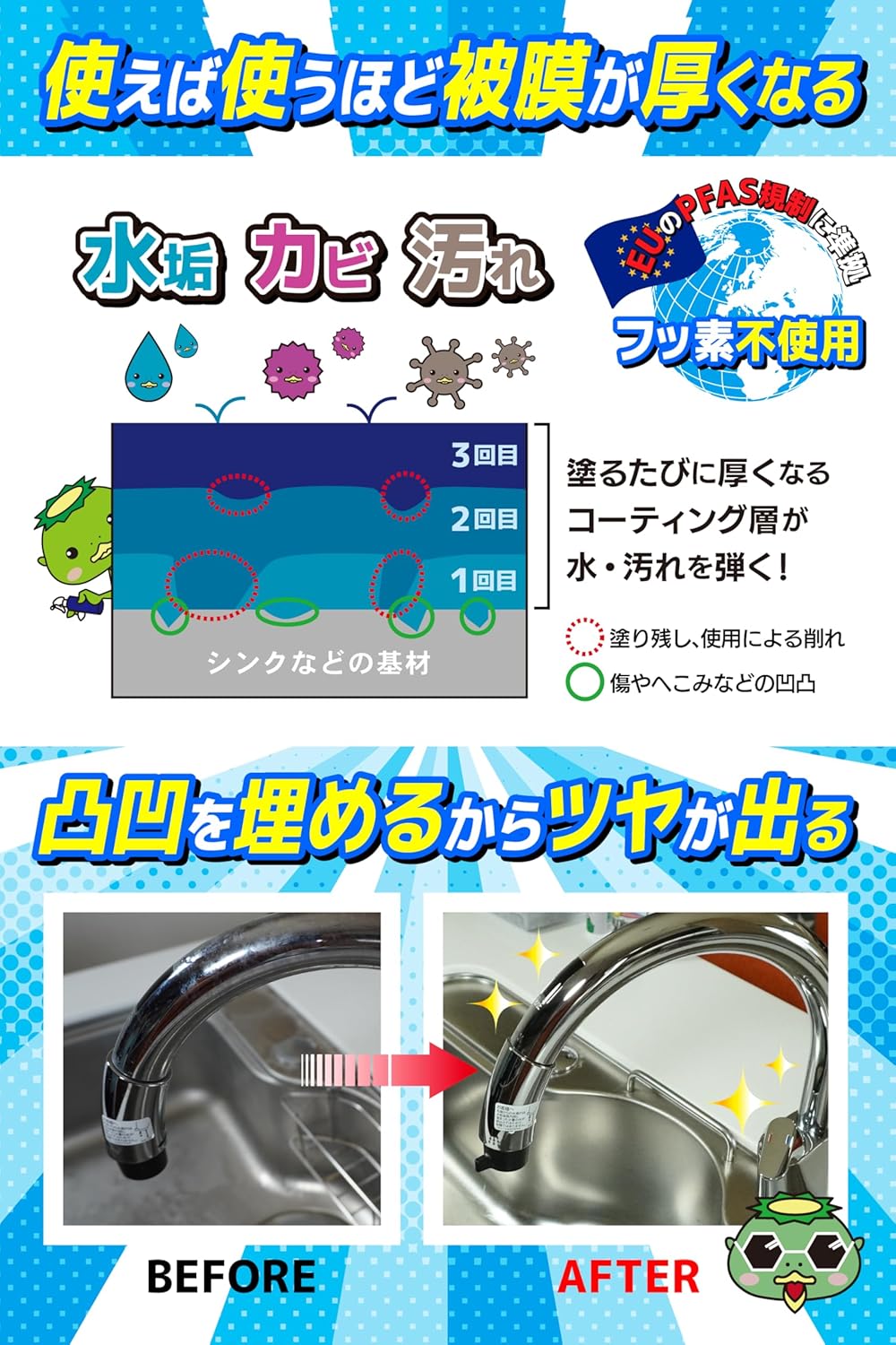 撥水コーティングスプレー「カッパコート」300ml - 抗菌シリコン使用、水垢防止・防汚・ツヤ出し適用【洗面台・トイレ・キッチン可】