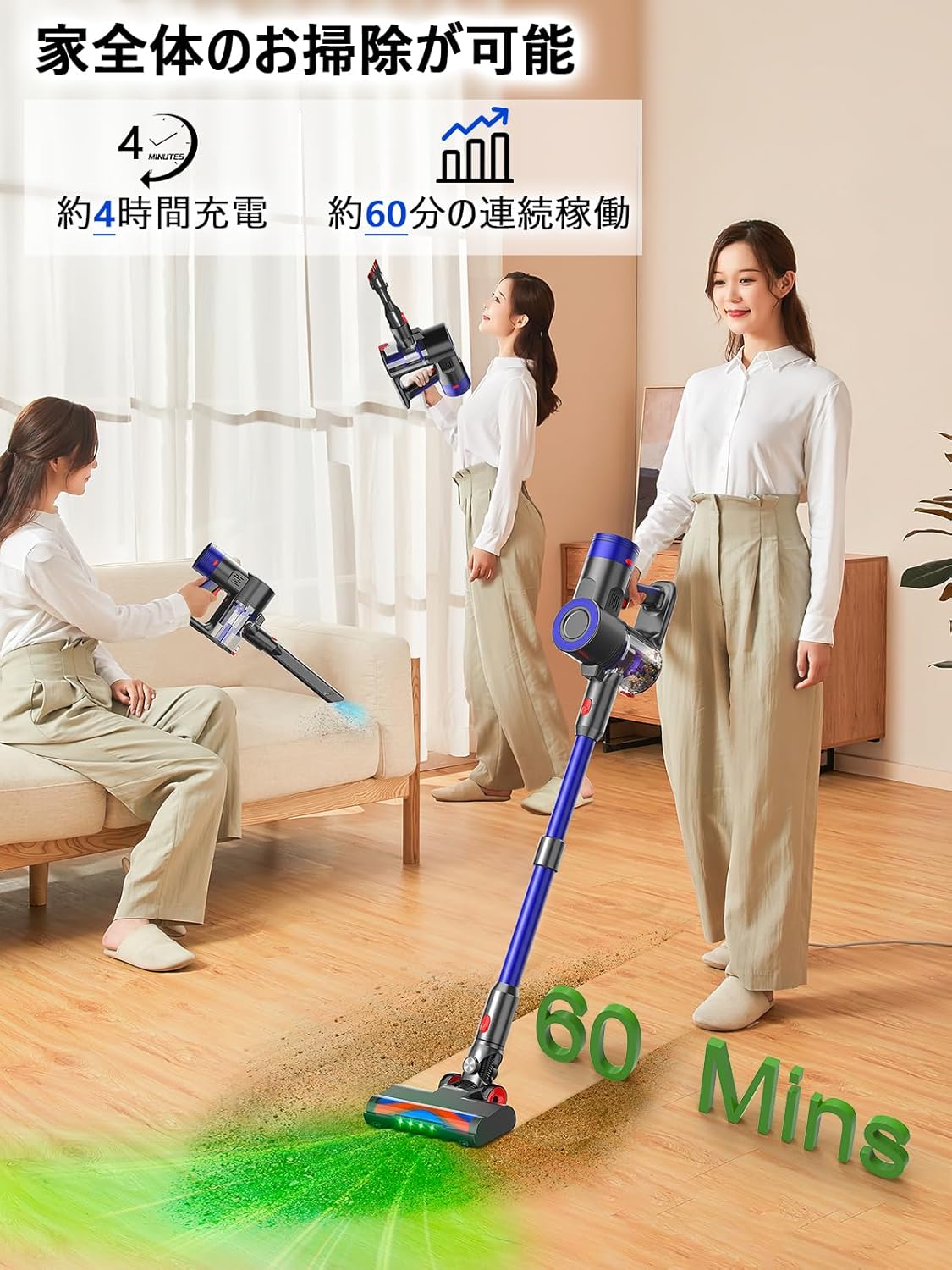 コードレス掃除機 60kpa強力吸引 収納自立式 軽量 充電式 サイクロン式 LEDライト 家庭用 PSE認証 1年保証