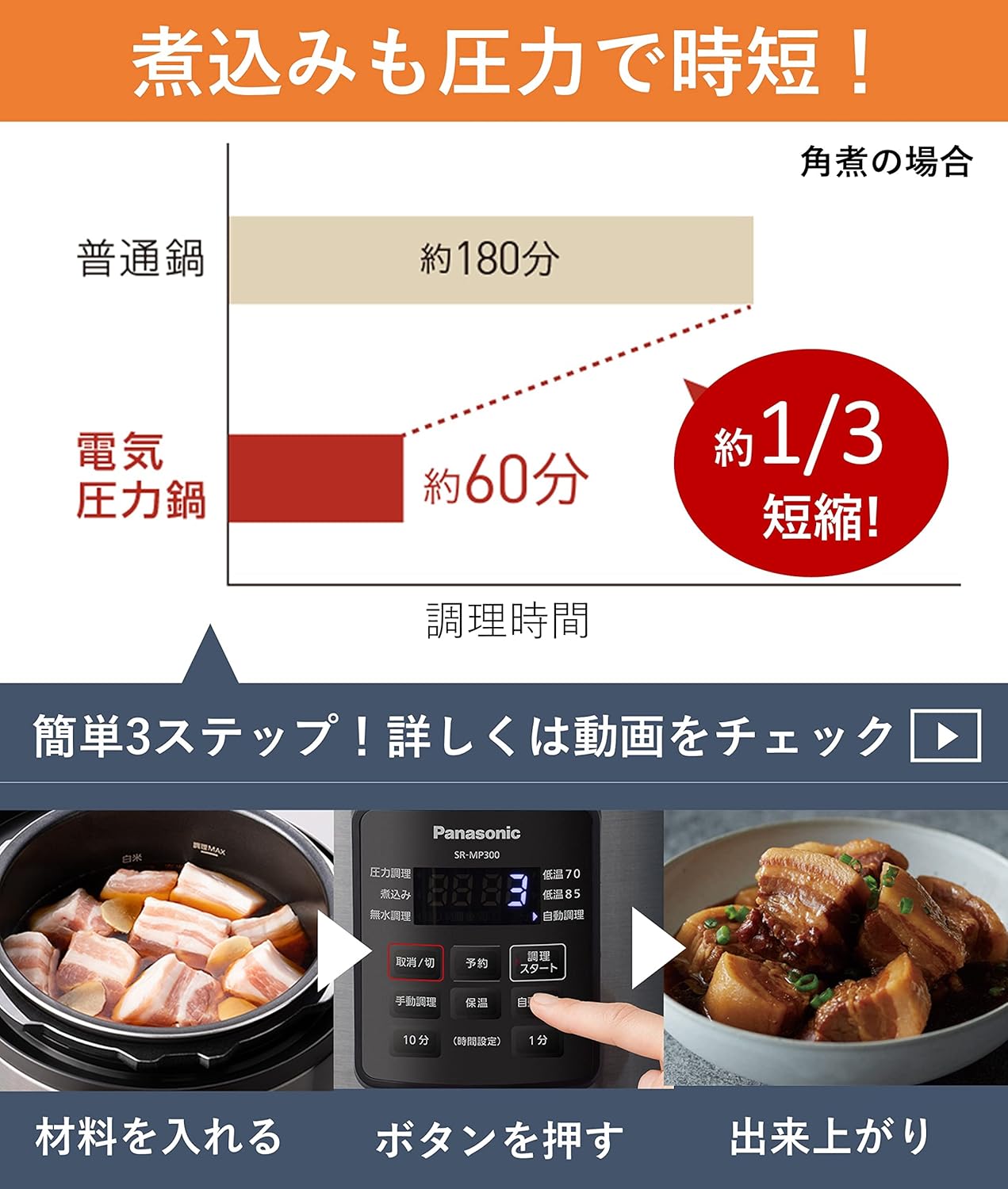 パナソニック電気圧力鍋 3L レシピブック付 自動調理機能付き