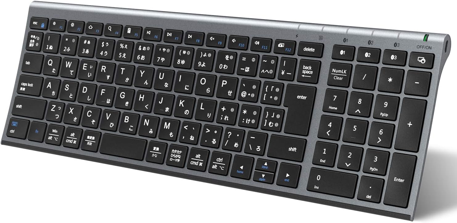 Bluetoothワイヤレス日本語JIS配列キーボード フルサイズ テンキー付き 超薄型 Type-C充電 コンパクト 3台同時接続対応 Windows・Mac・iOS・Android用