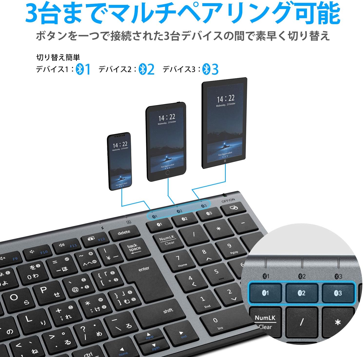 Bluetoothワイヤレス日本語JIS配列キーボード フルサイズ テンキー付き 超薄型 Type-C充電 コンパクト 3台同時接続対応 Windows・Mac・iOS・Android用