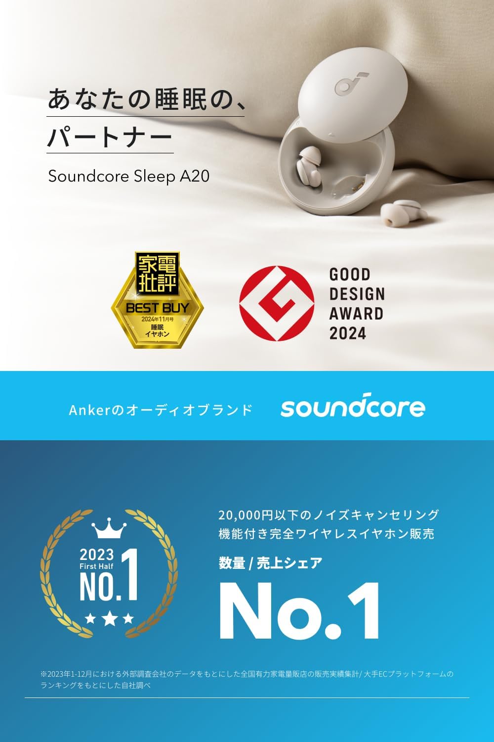Anker Soundcore Sleep A20 ワイヤレスイヤホン（睡眠用・Bluetooth 5.3・IPX4防水・最大55時間再生）サンドベージュ