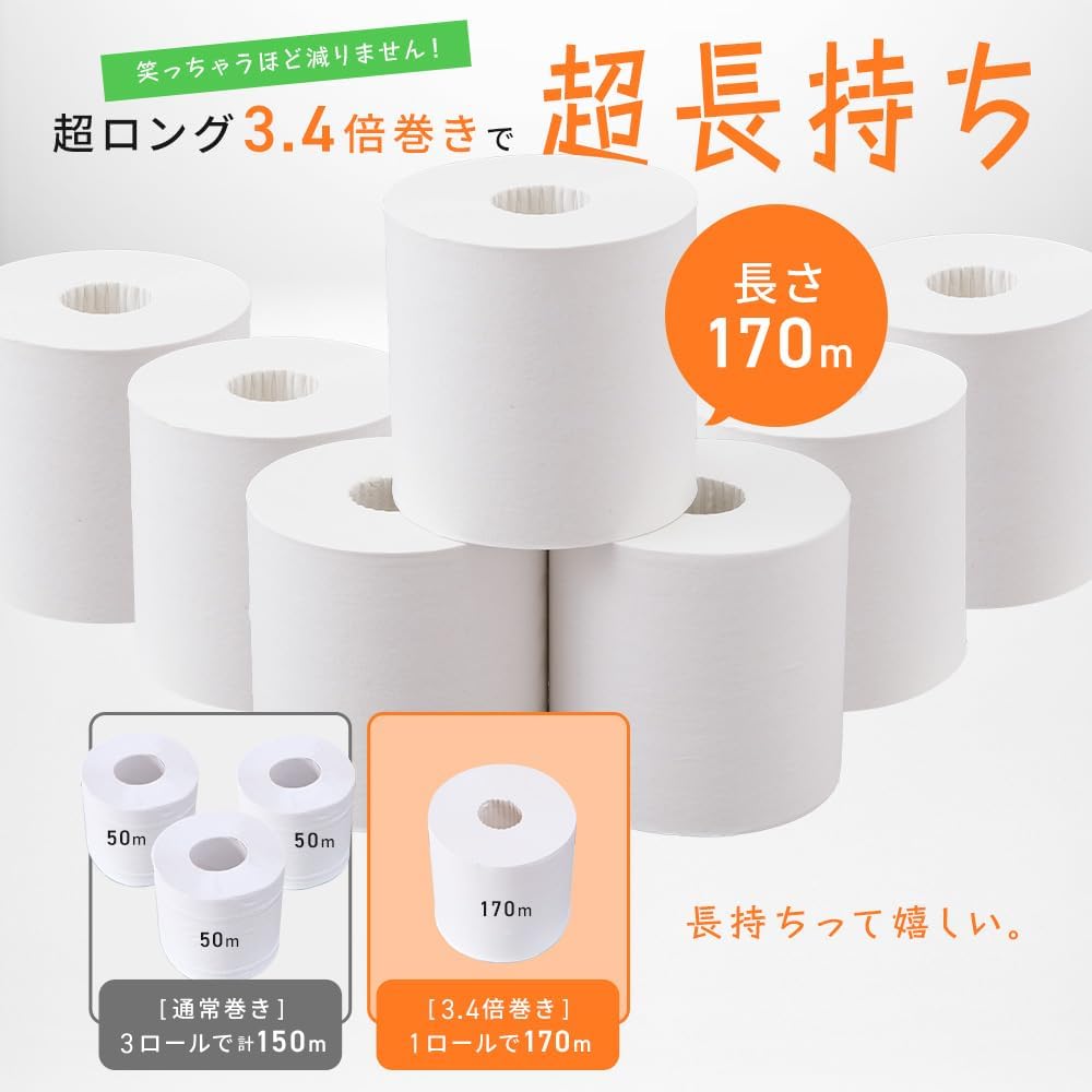 大容量8個セット 日本製シングルトイレットペーパー 芯なし170m 再生紙 業務用・家庭用