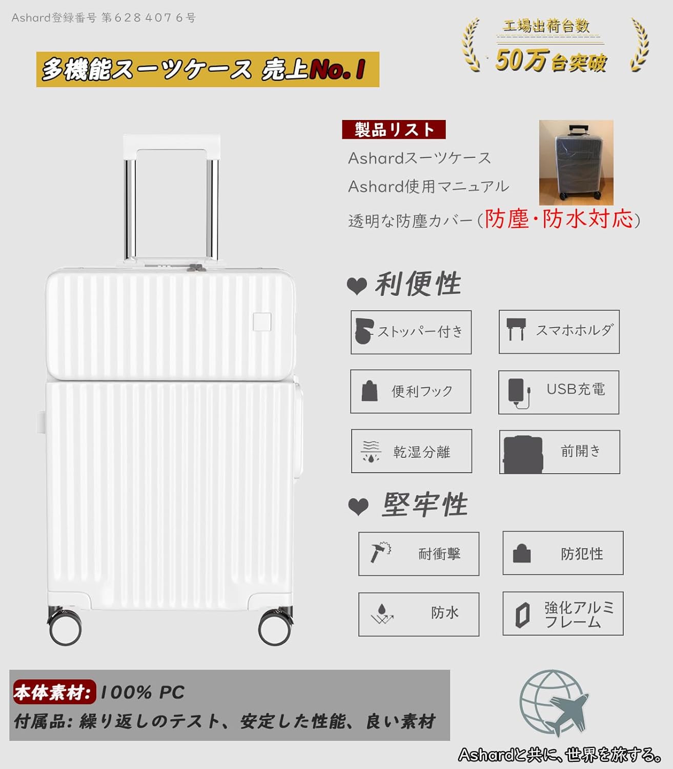 多機能超軽量キャリーケース Sサイズ 42L TSAロック付き USBポート・カップホルダー・360度回転ダブルキャスター (ホワイト)