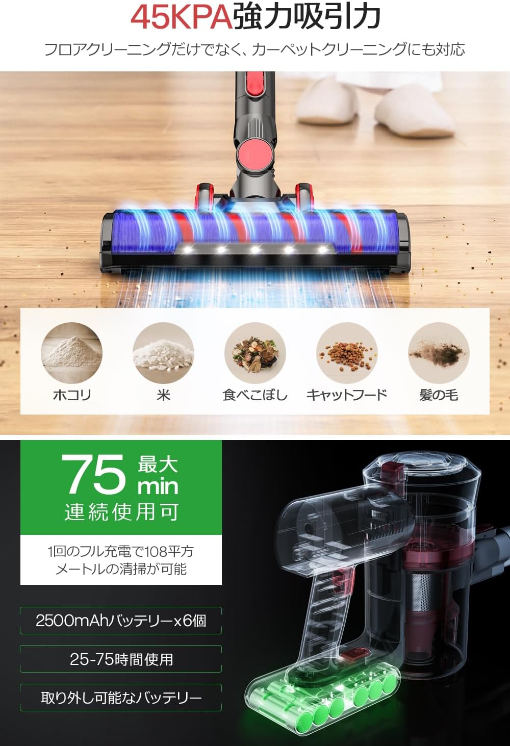 母の日・父の日プレゼント コードレス掃除機 45000Pa強力吸引 LCD液晶ディスプレイ搭載 75分稼働 HEPAフィルター付き 2WAY【2025進級版】