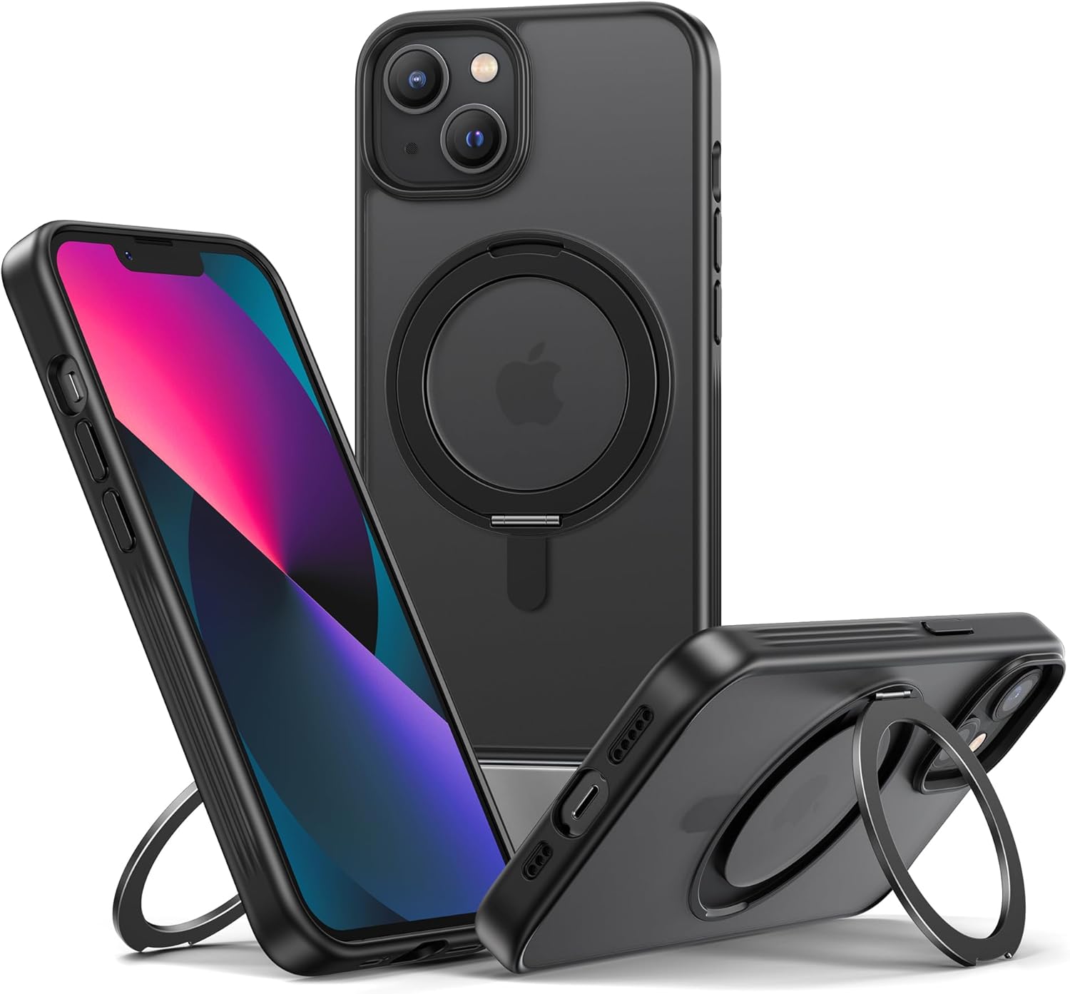 iPhone 13/14対応 360°回転スタンドケース MagSafe対応 防指紋米軍MIL規格 ブラック