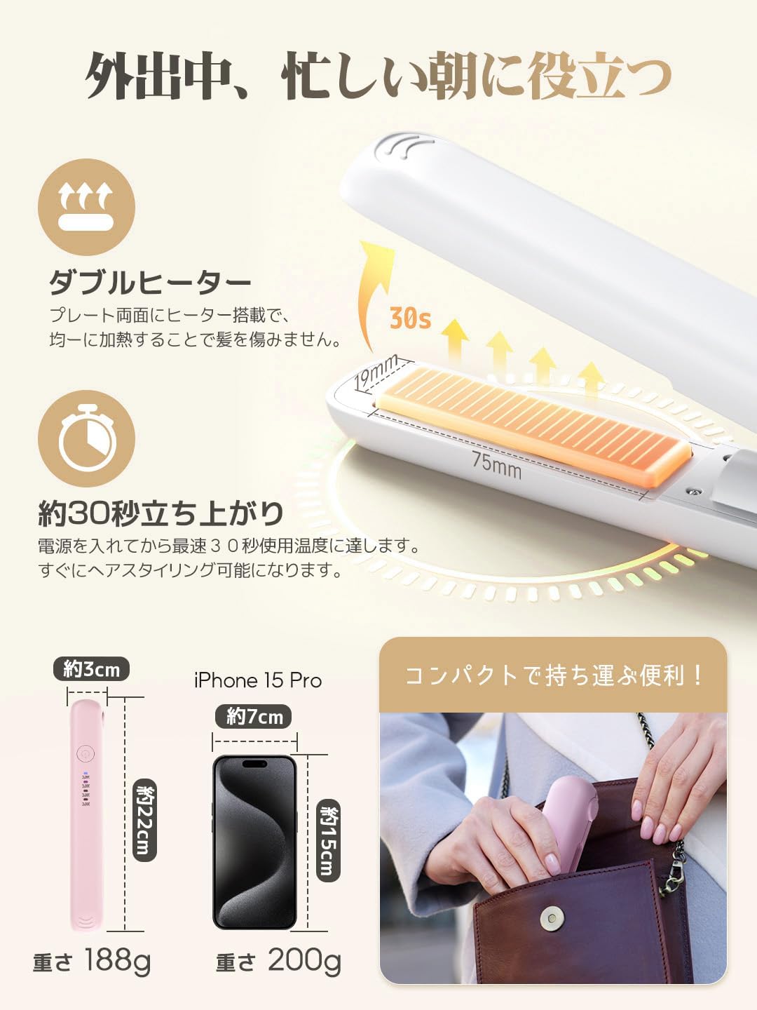 コードレス 2WAY ヘアアイロン 18mm プロ仕様 140℃～200℃ 温度調整 自動電源OFF 男女兼用 (ホワイト)