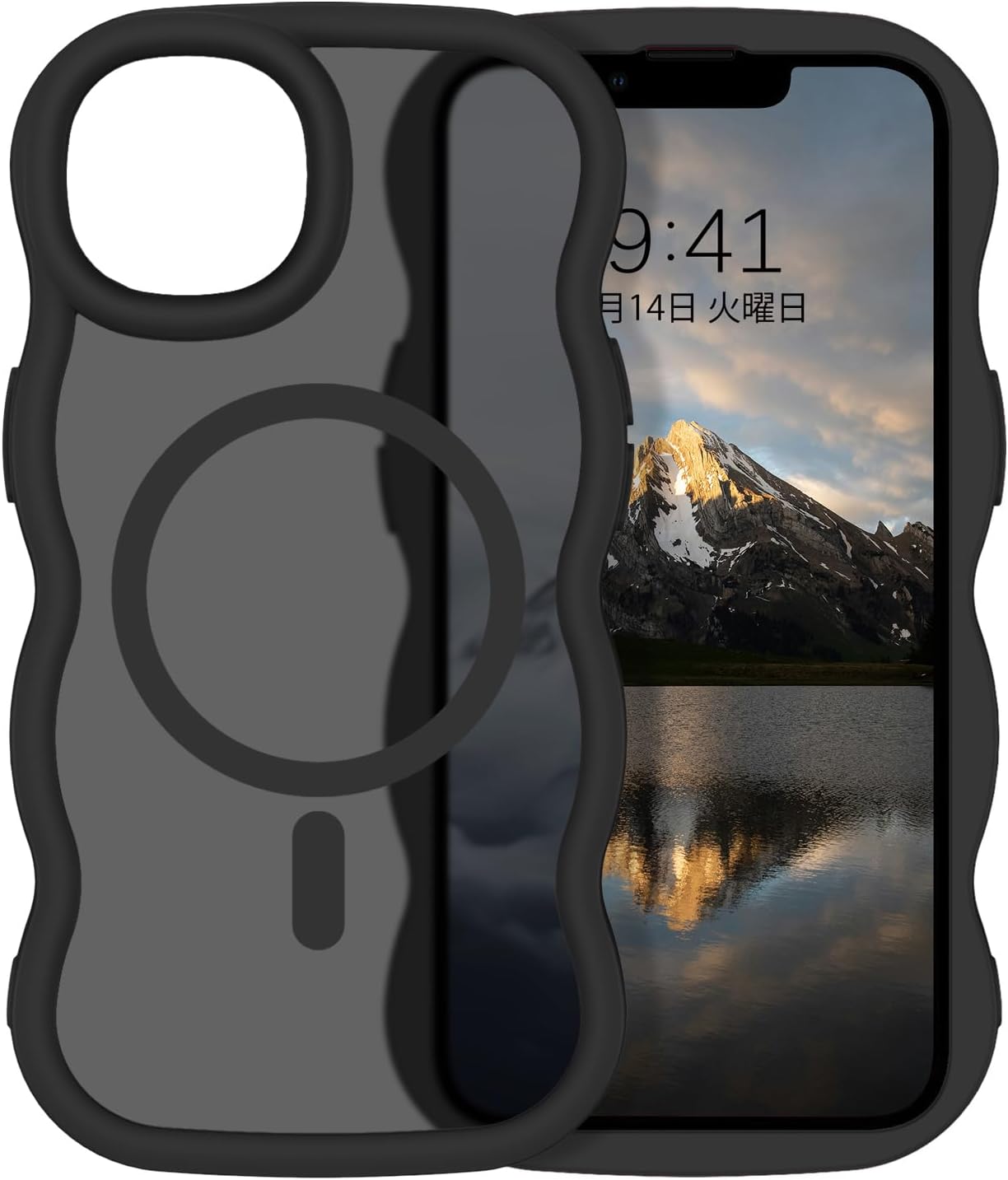 iPhone13/14 マグセフ対応 半透明ウェーブケース 可愛い 耐衝撃 指紋防止 滑り止め（ブラック）