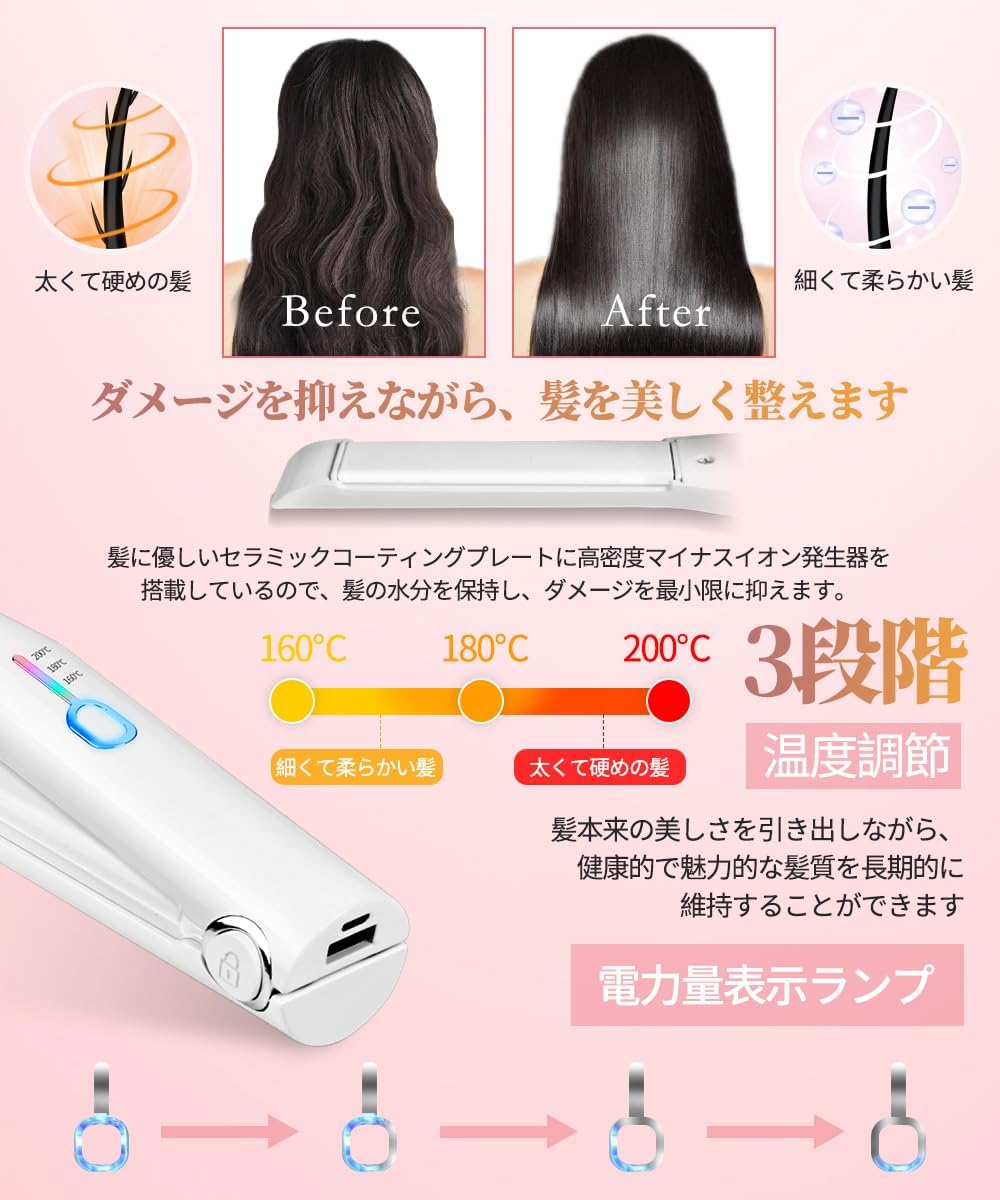 コードレスヘアアイロン 2WAY ストレート＆カール 160/180/200℃ 温度設定 ワイヤレス 軽量 コンパクト 男女兼用 日本語説明書付き