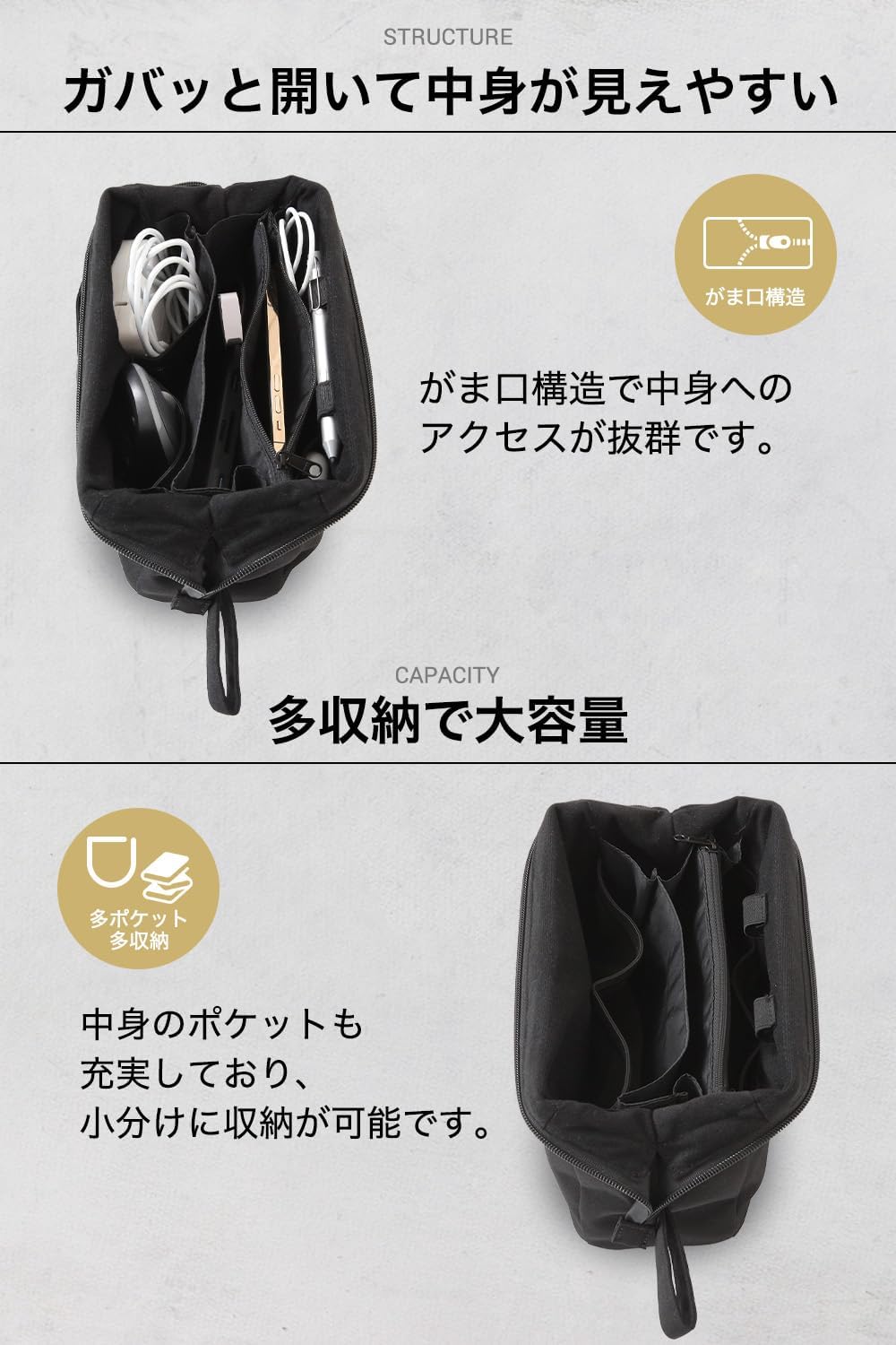 大容量撥水ガジェットポーチ｜旅行用持ち手付きがま口収納ケース ブラック